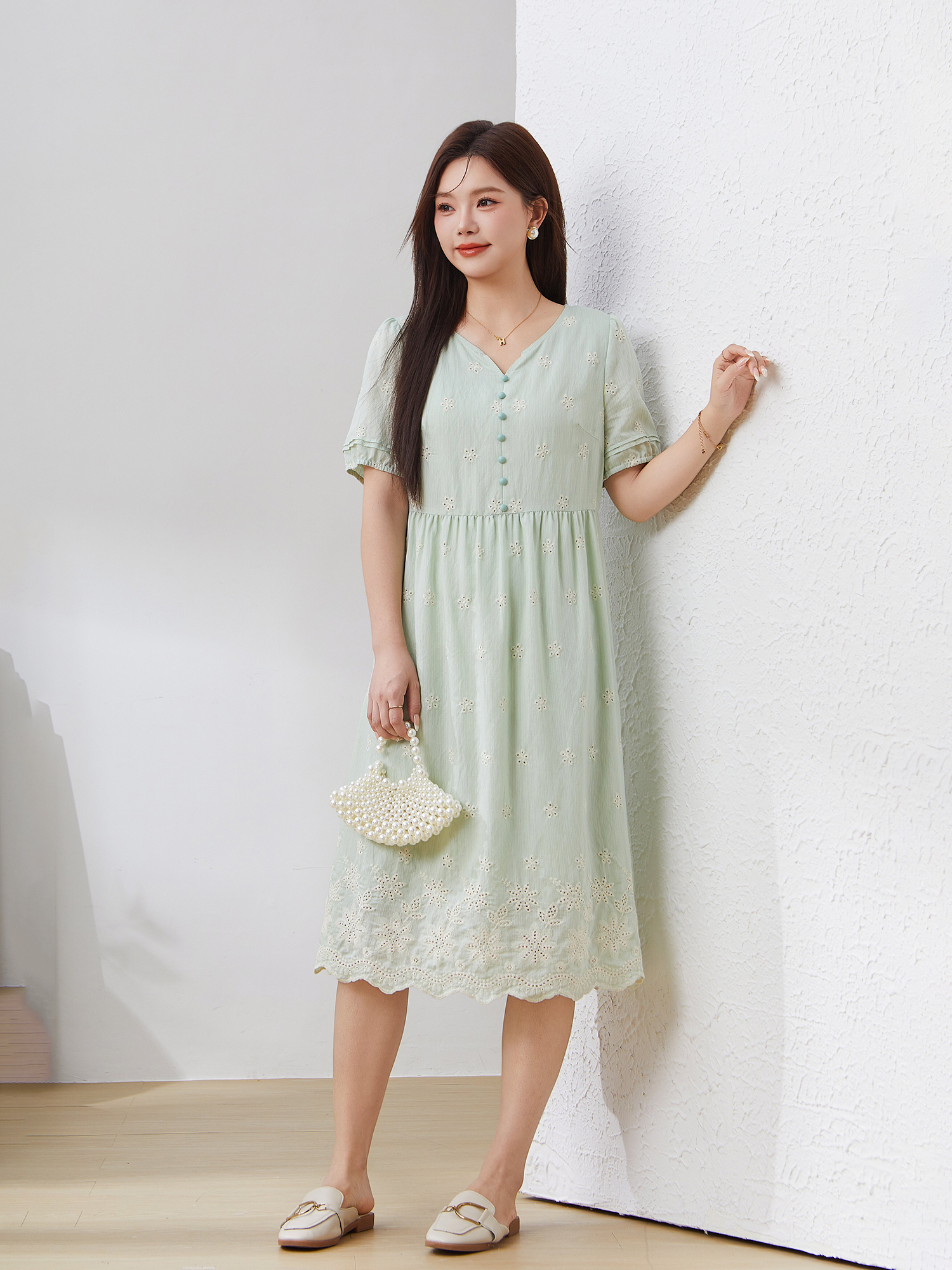 Embroidered Small V-neck Elegant Dress EXQ5086