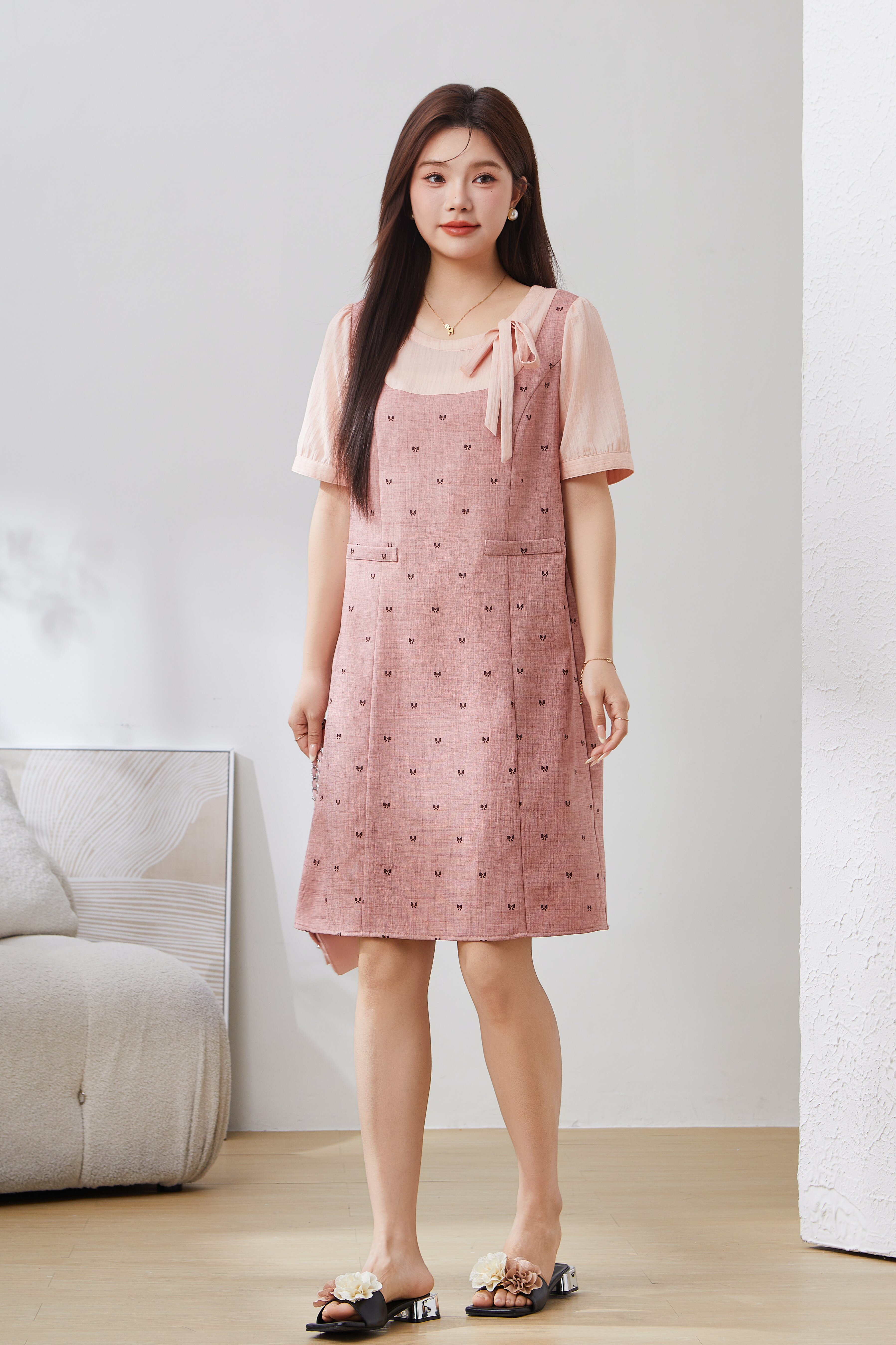Two-in-One Bowknot Print Dress EXQ5078