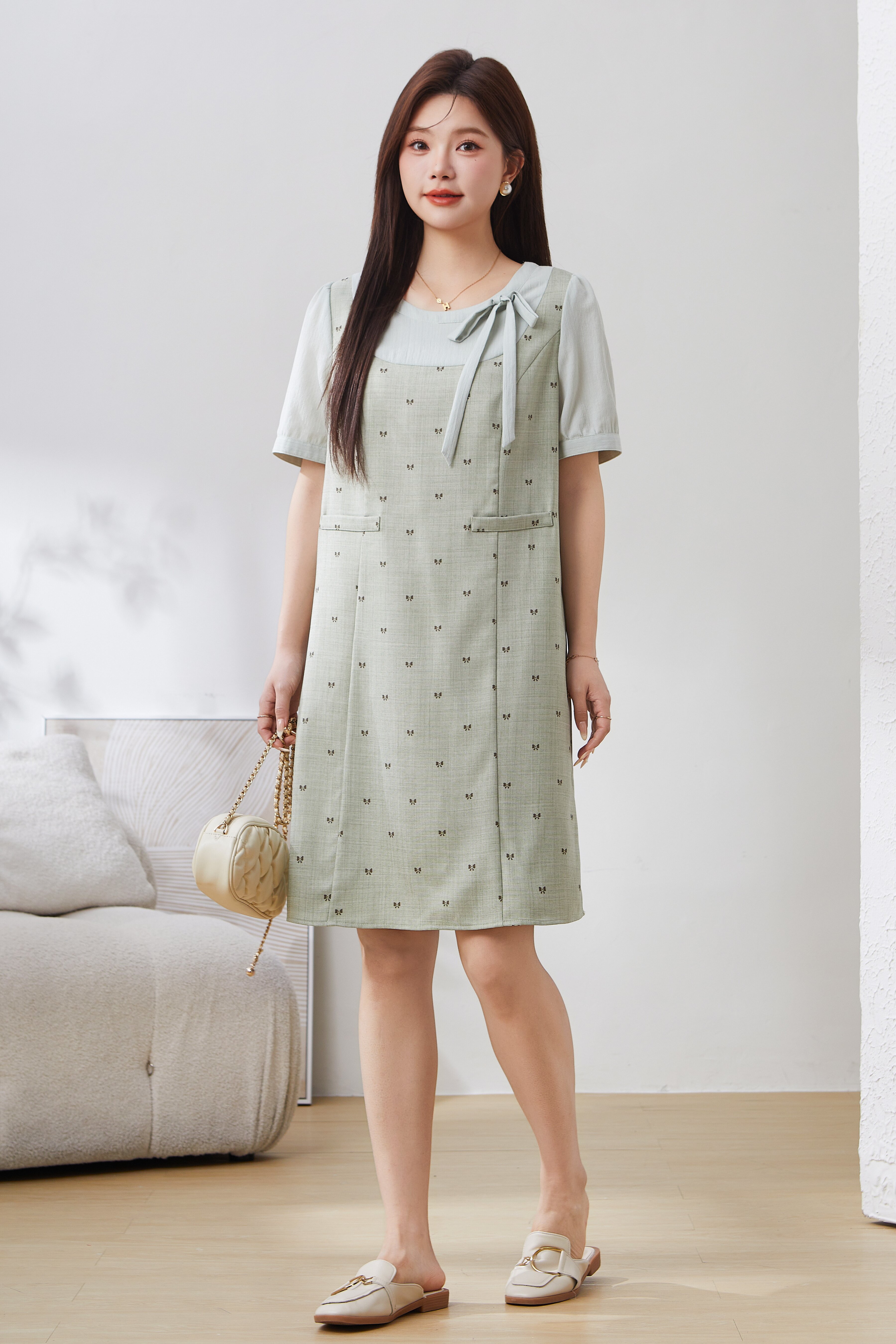 Two-in-One Bowknot Print Dress EXQ5078