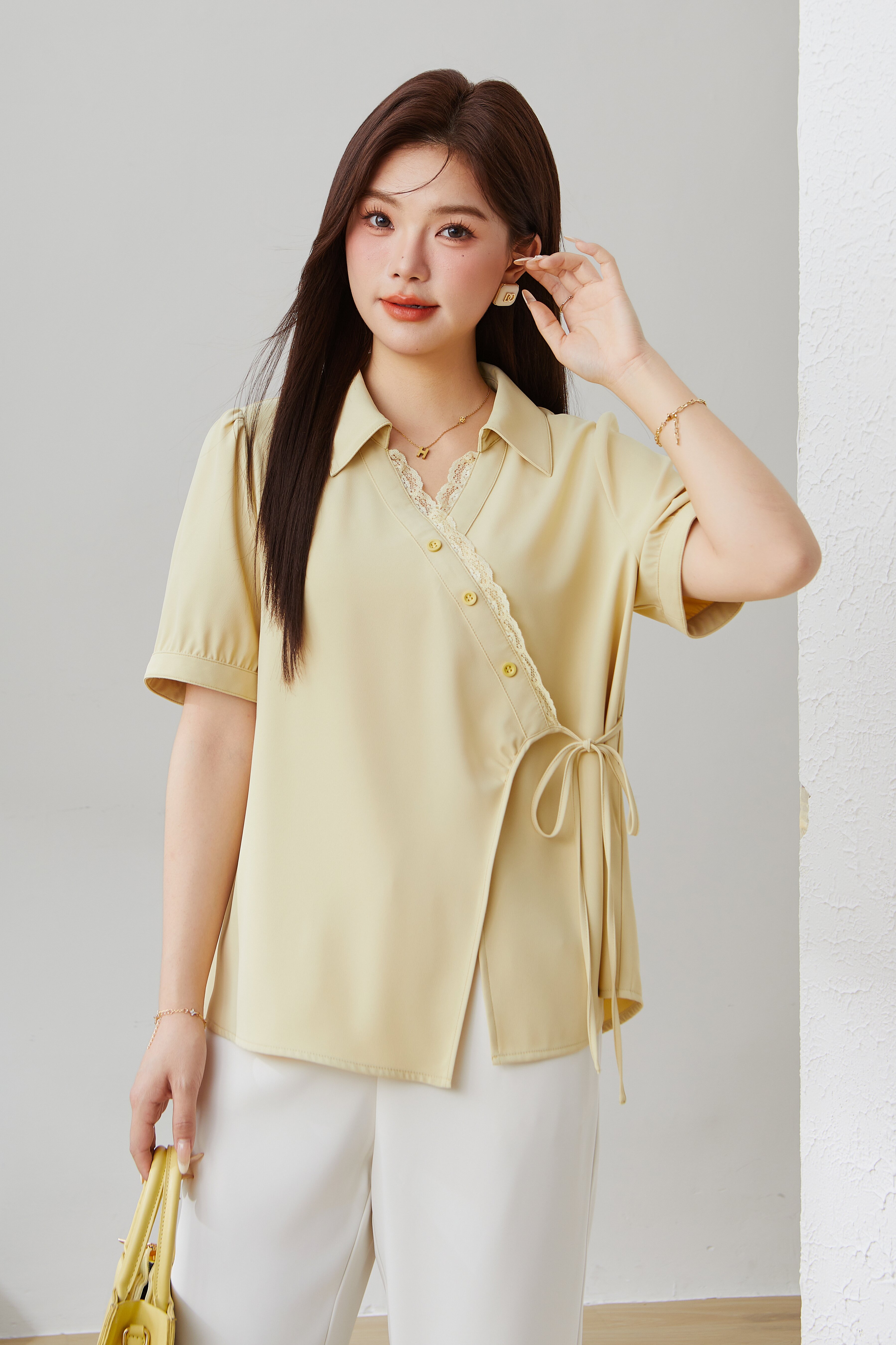 Solid Color Lace Collar Tie Top EXA5159