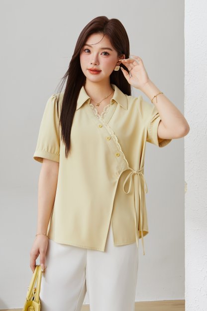 Solid Color Lace Collar Tie Top EXA5159