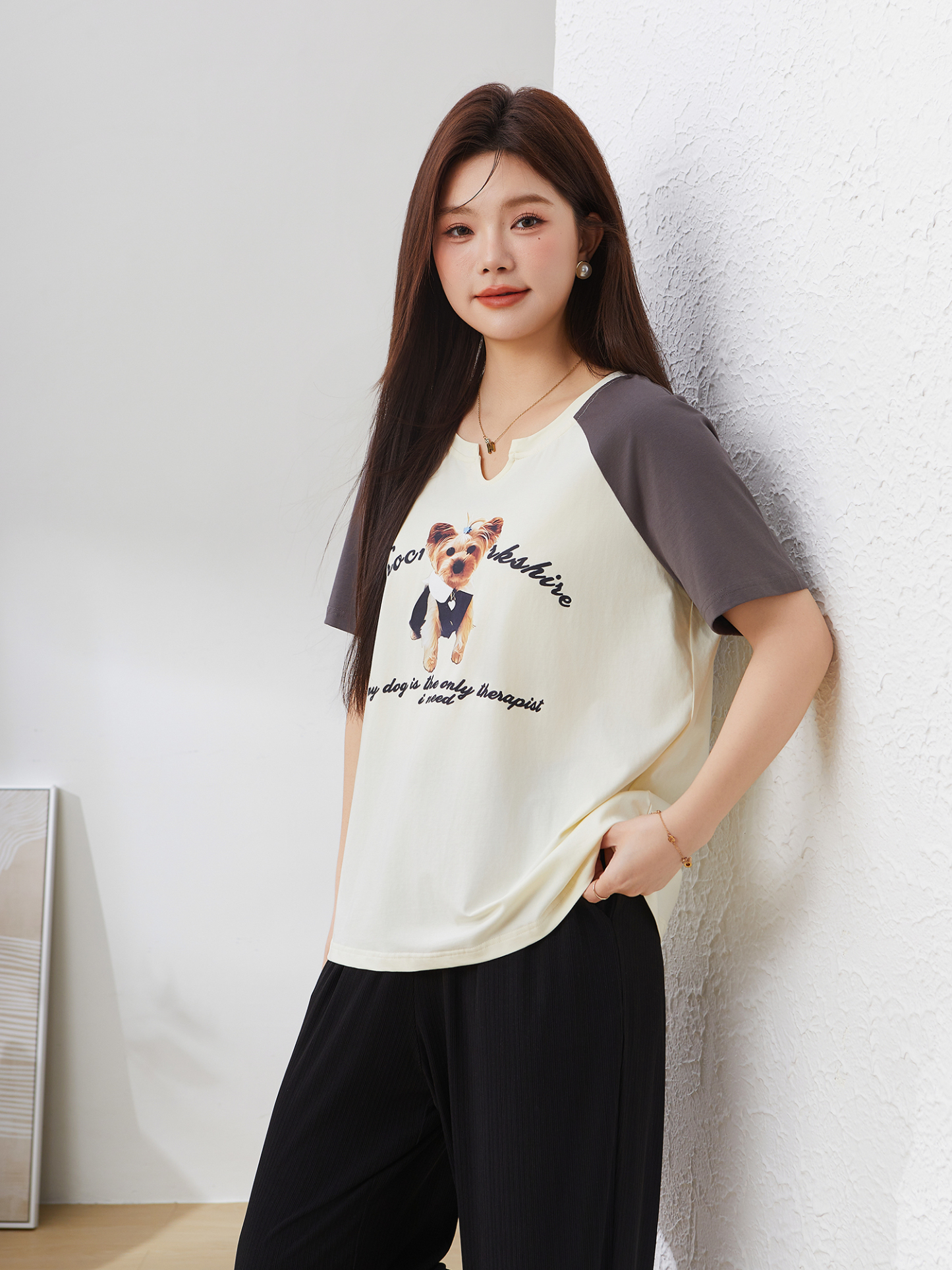 Color Block Raglan Sleeve Printed Versatile T-Shirt DXZ1271