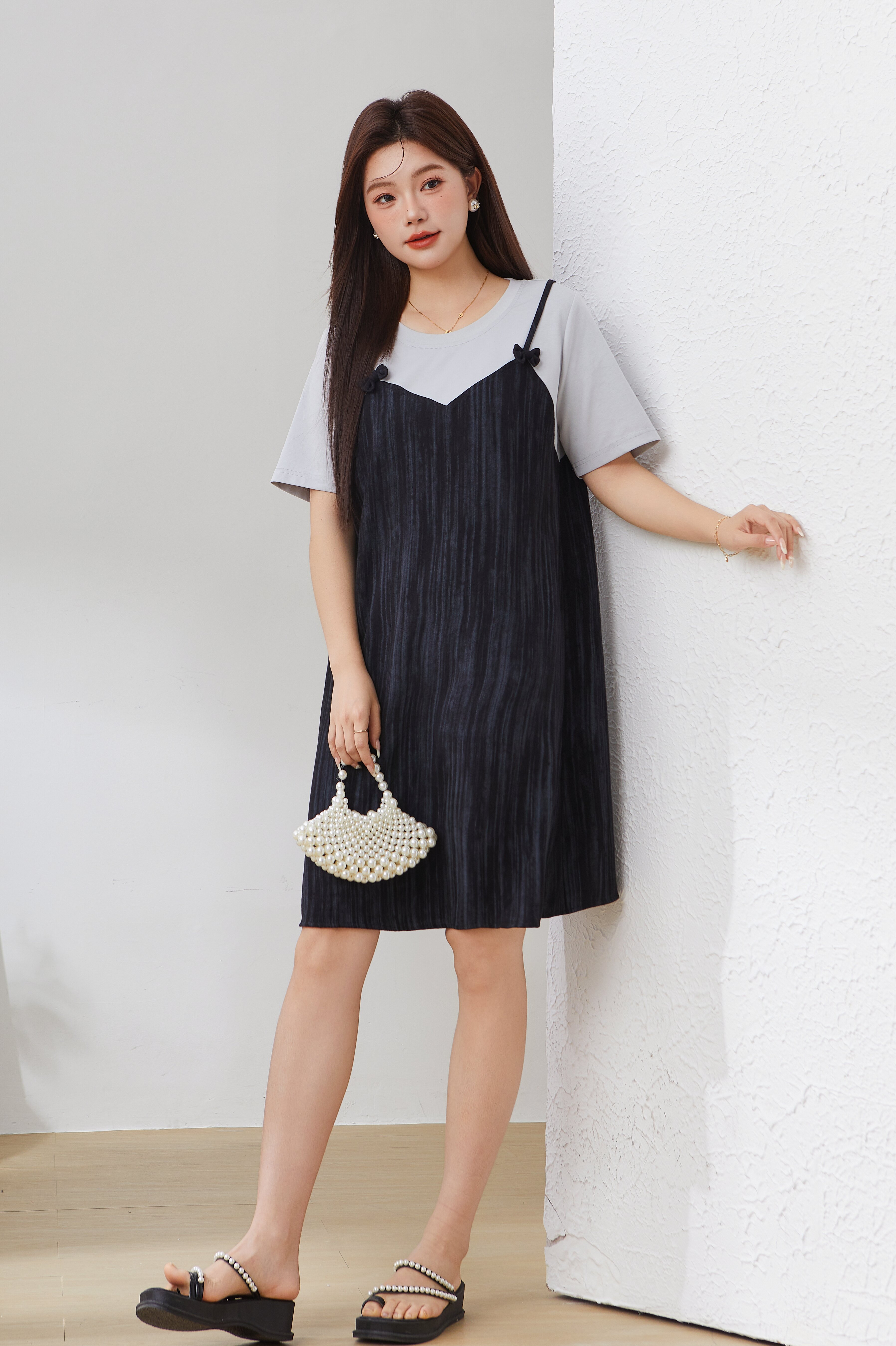Round Neck Fake Two-Piece Patchwork Dress EXQ2978