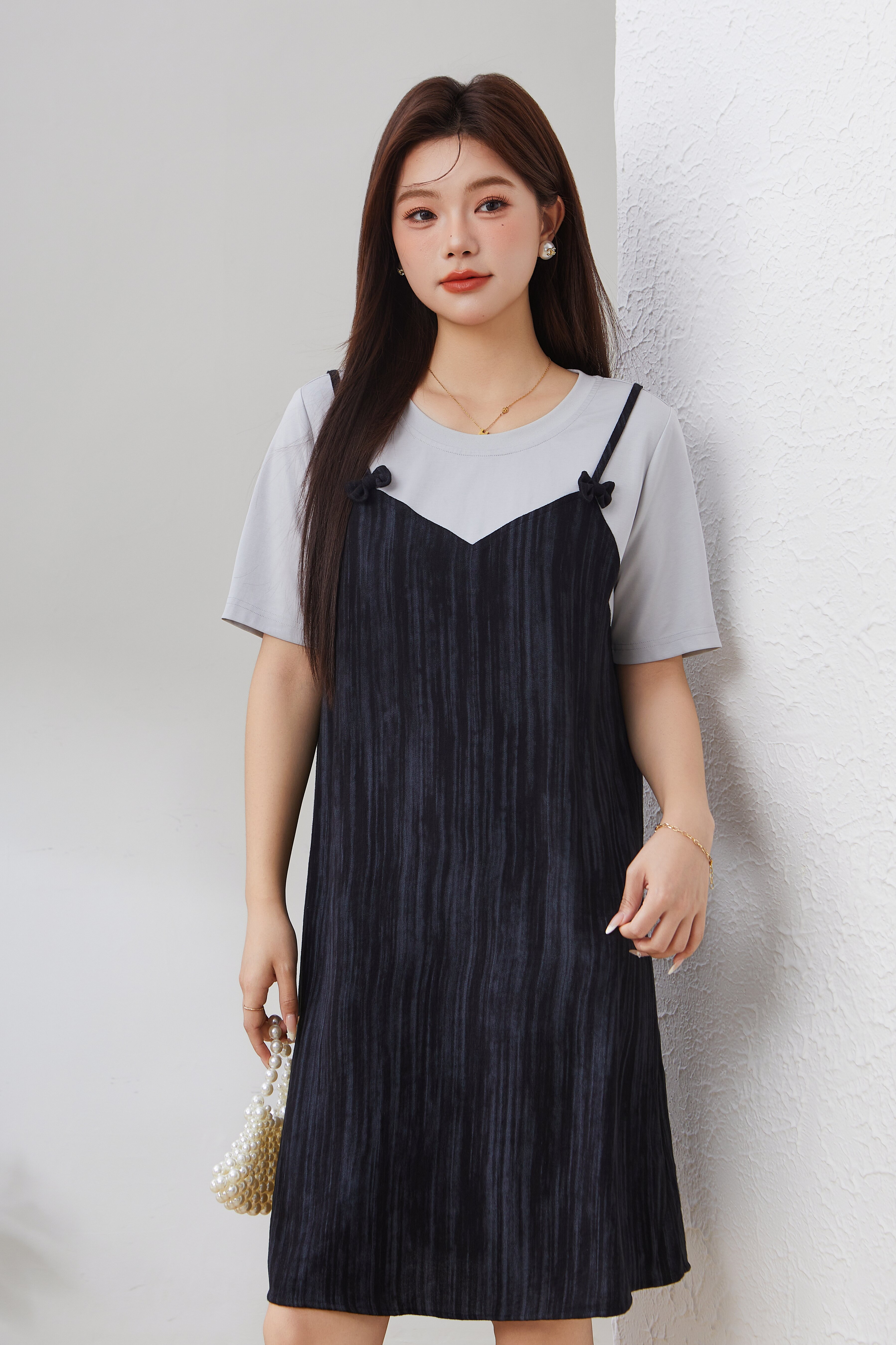 Round Neck Fake Two-Piece Patchwork Dress EXQ2978