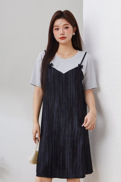 Round Neck Fake Two-Piece Patchwork Dress EXQ2978