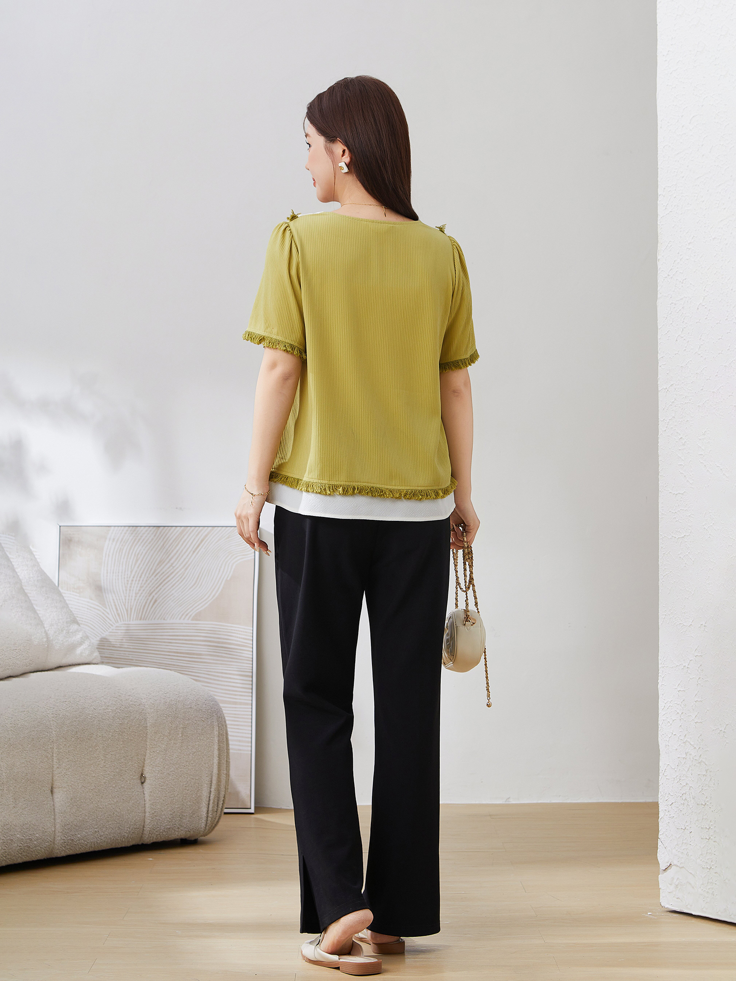 Color-Block Fake Two-Piece Patchwork Fringe Top EXA5035