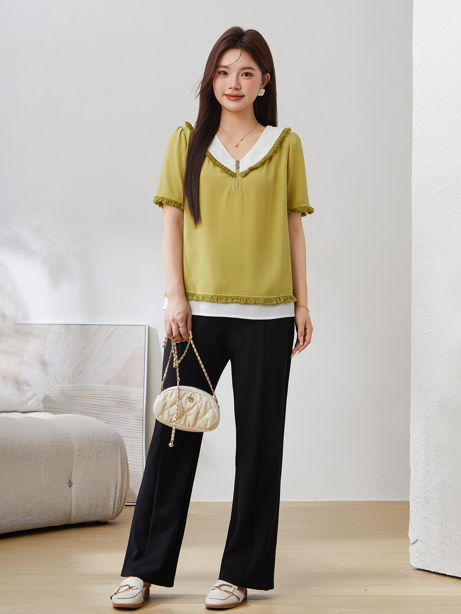 Color-Block Fake Two-Piece Patchwork Fringe Top EXA5035