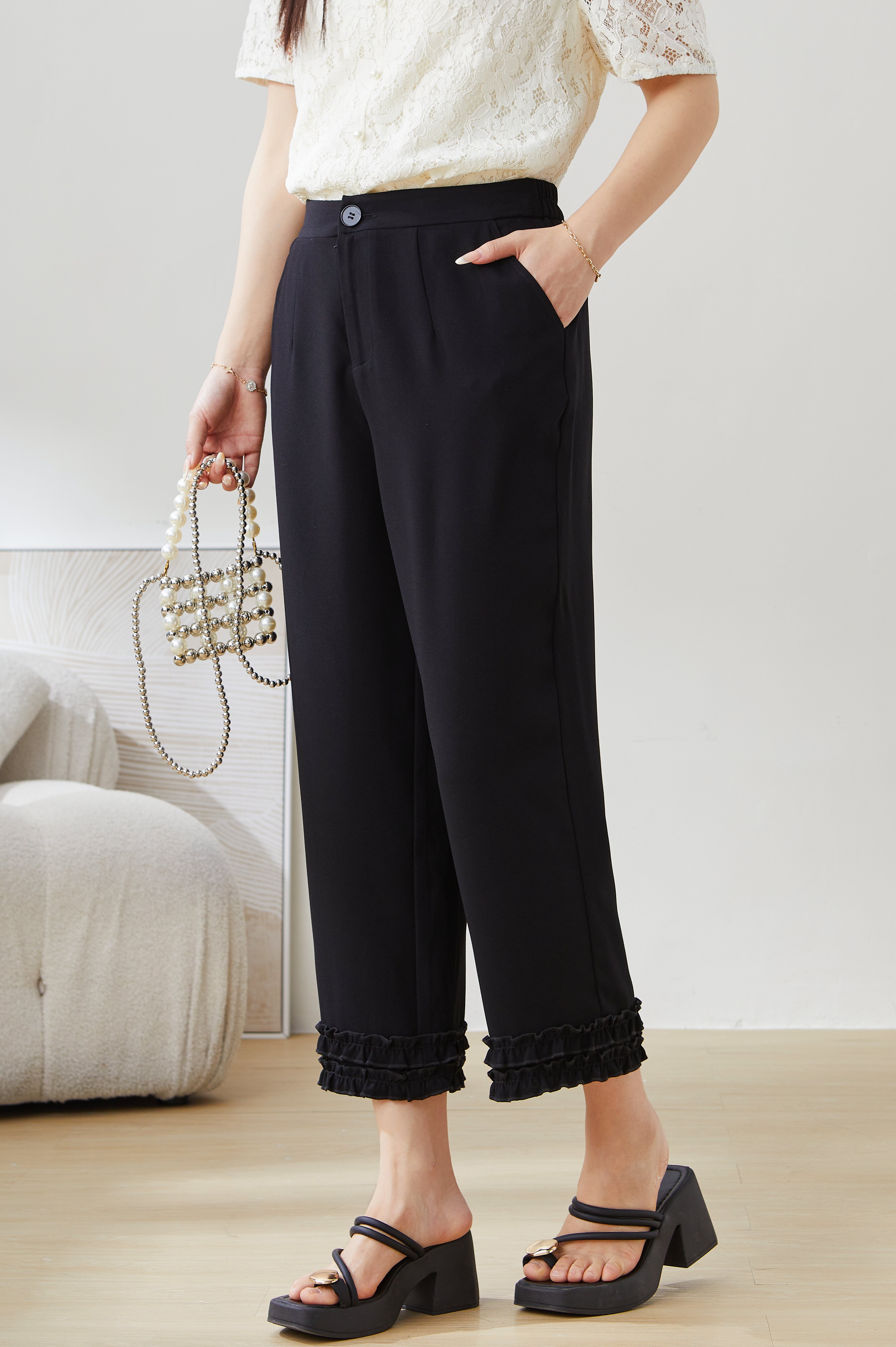 Lace Patchwork Ruffled Wide-Leg Pants EXK5096