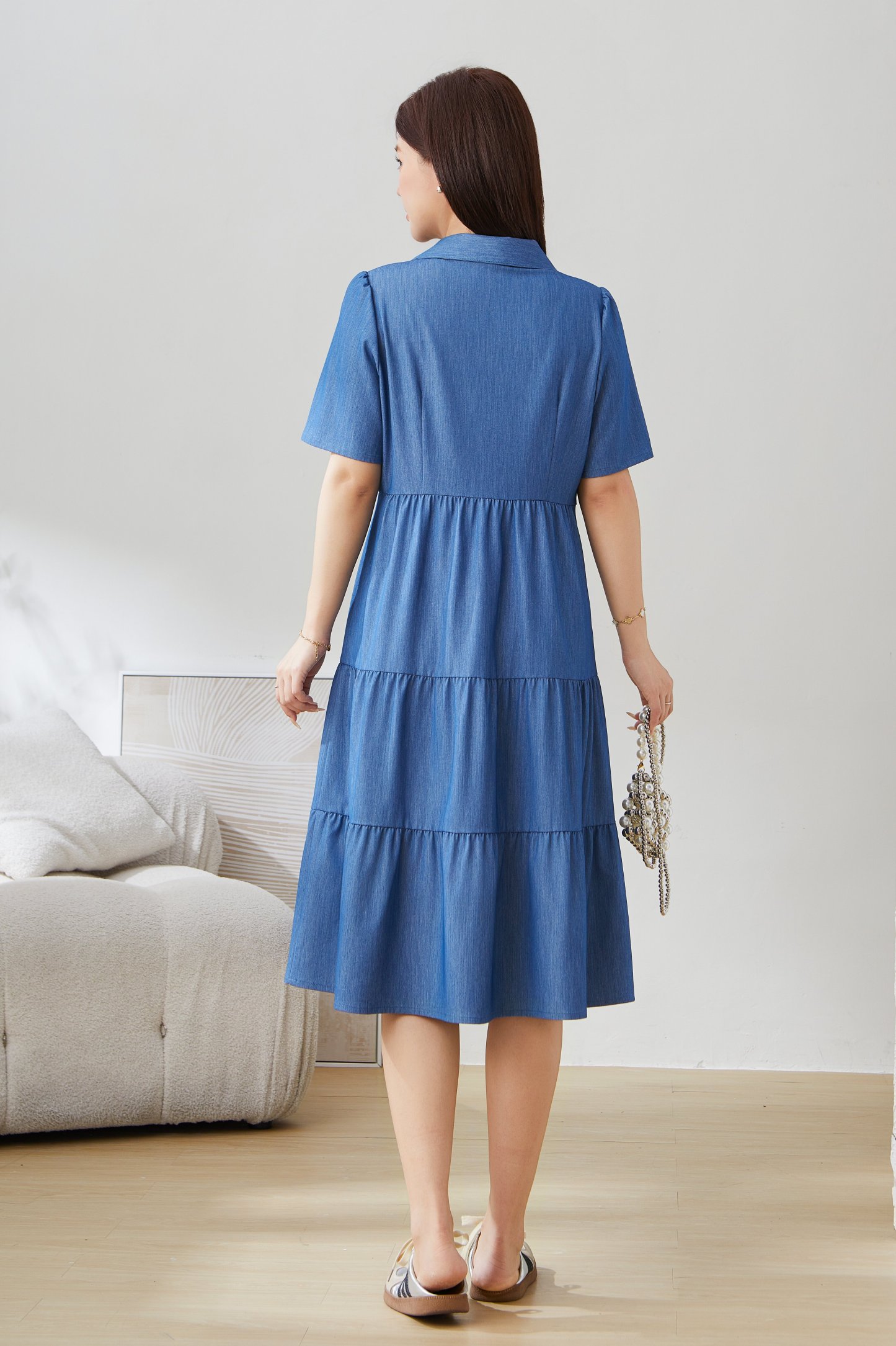V-neck Waist-cinching Imitation Denim Dress EXQ5235
