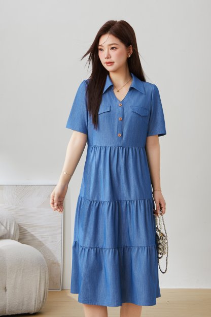 V-neck Waist-cinching Imitation Denim Dress EXQ5235