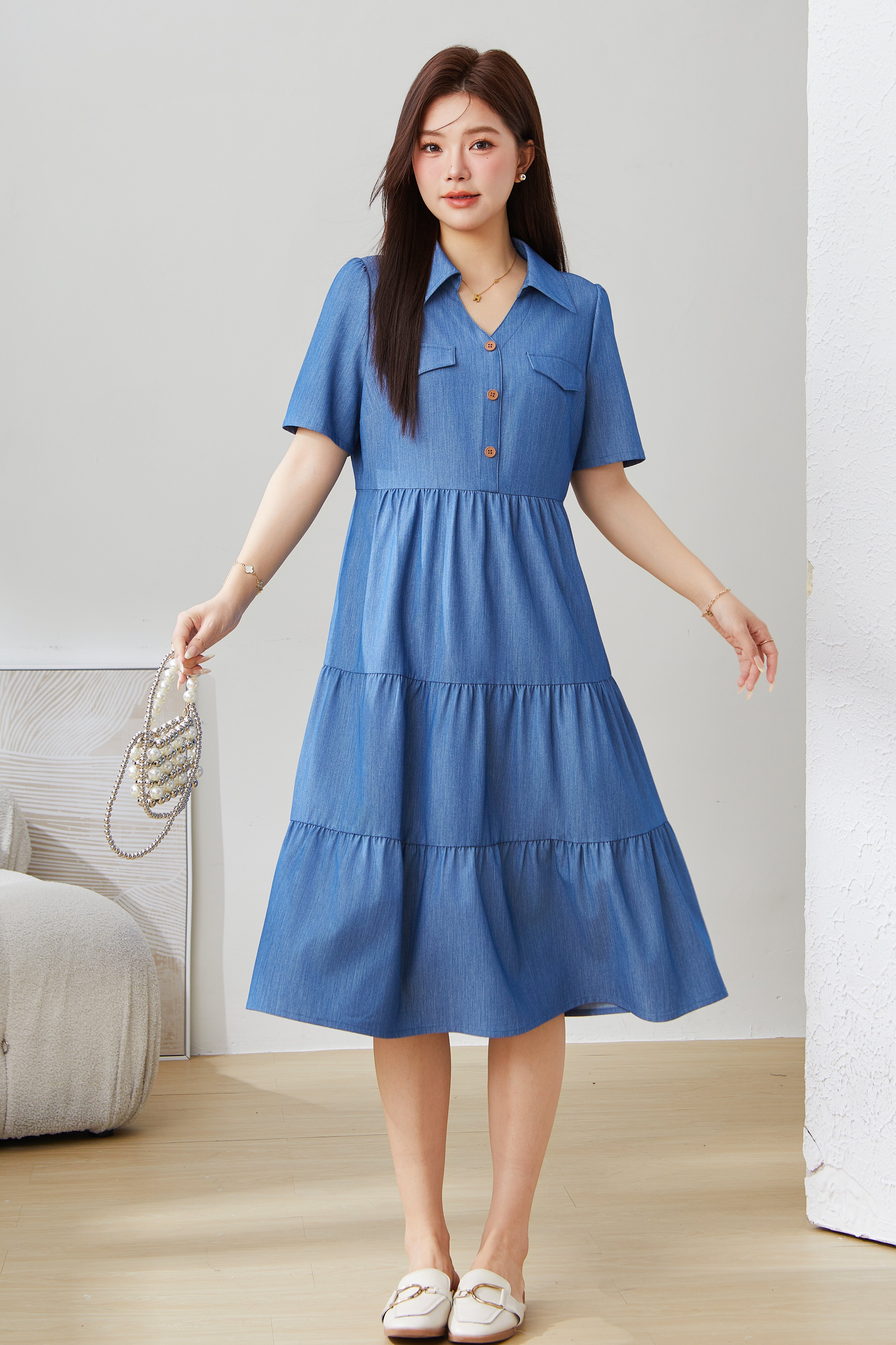 V-neck Waist-cinching Imitation Denim Dress EXQ5235