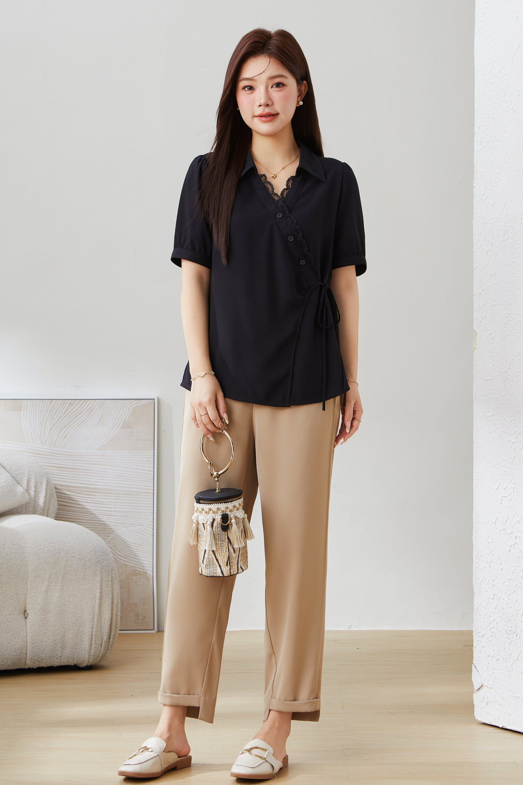 Solid Color Lace Collar Tie Top EXA5159