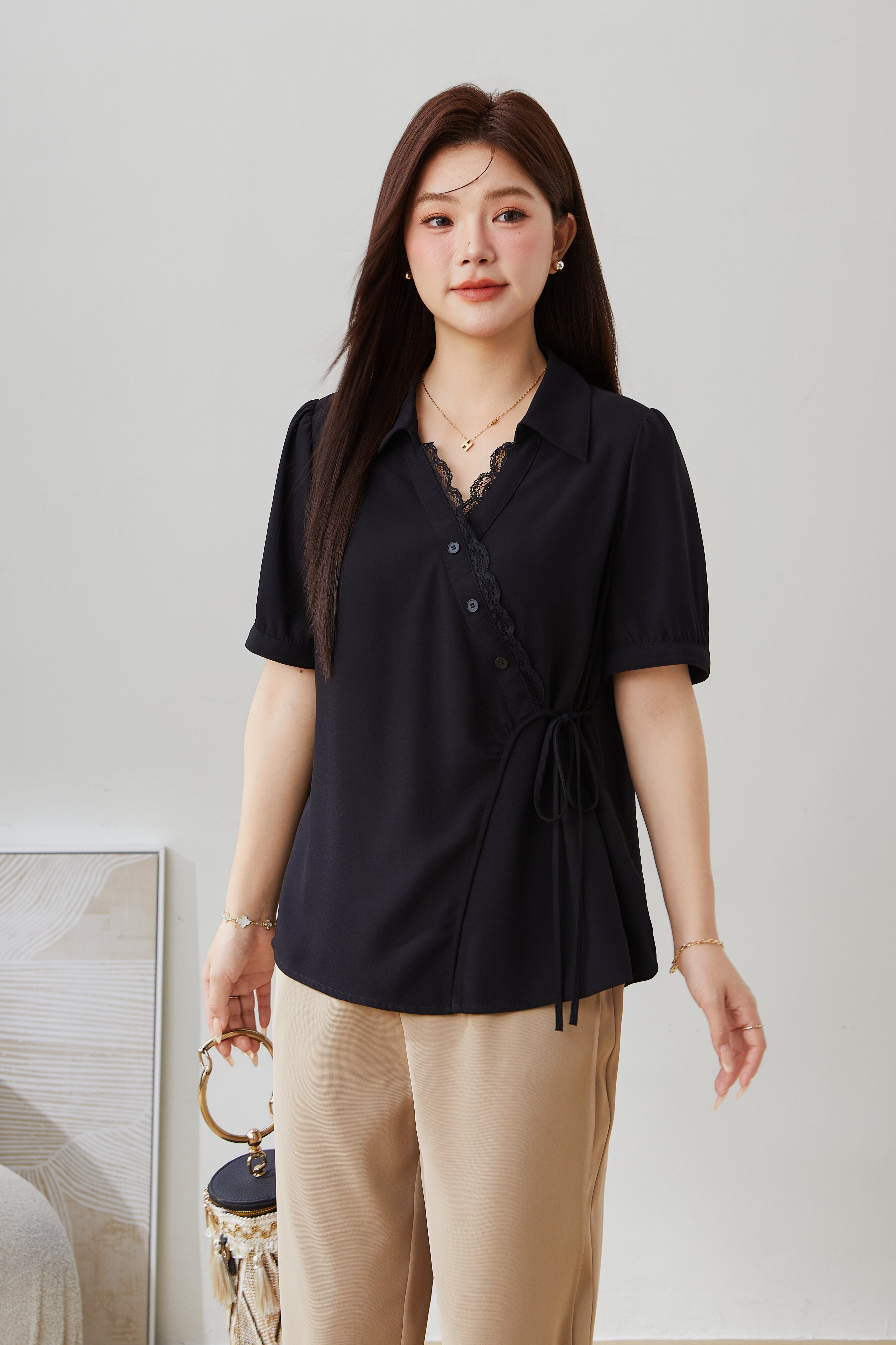 Solid Color Lace Collar Tie Top EXA5159