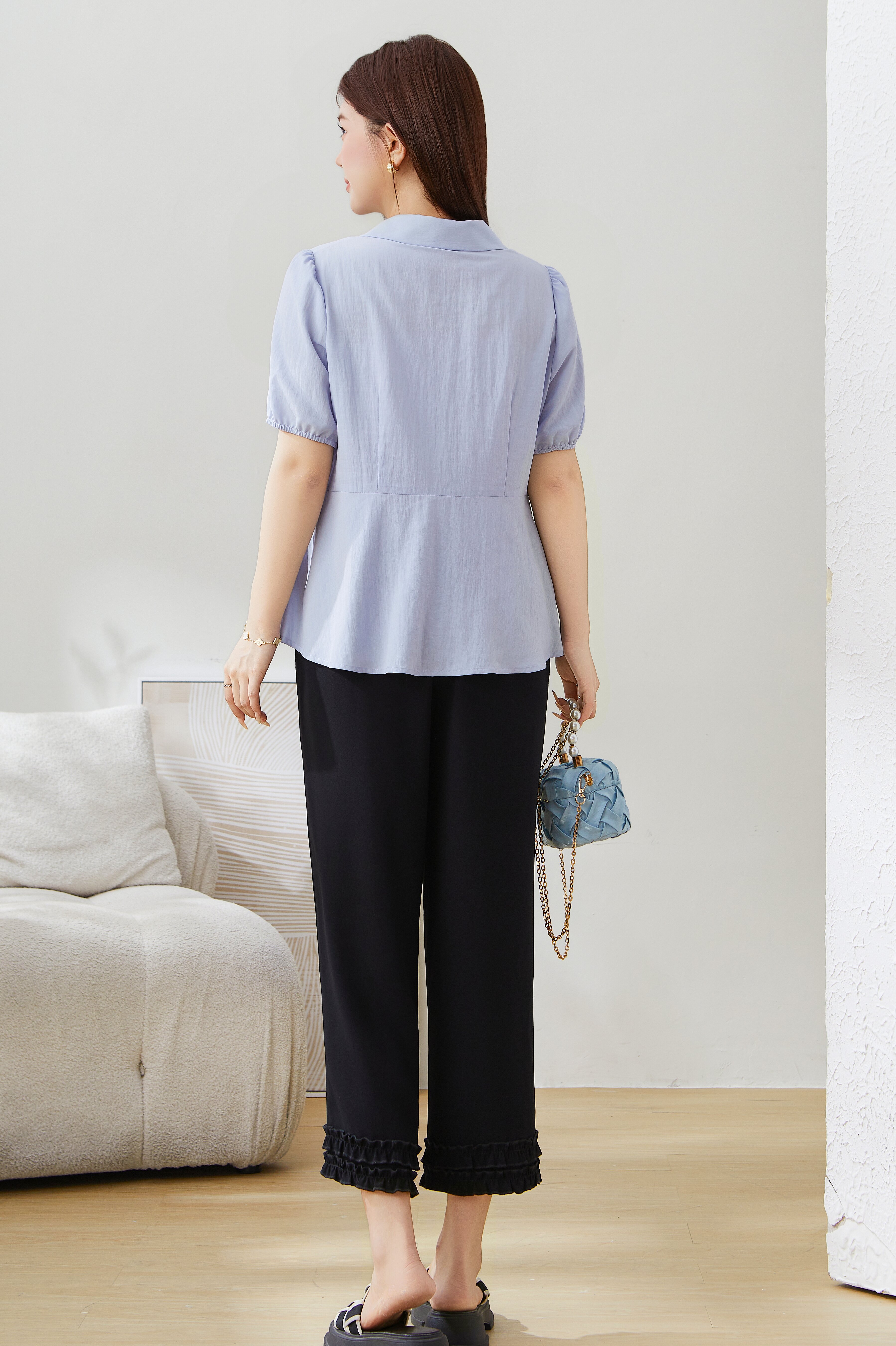 Irregular V-neck Waist-cinching Top EXA5157