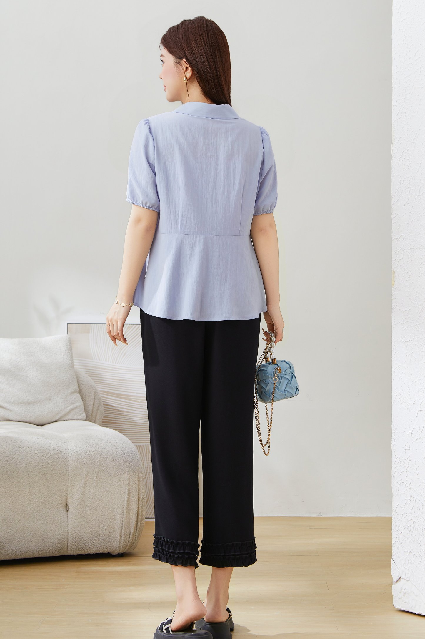 Irregular V-neck Waist-cinching Top EXA5157