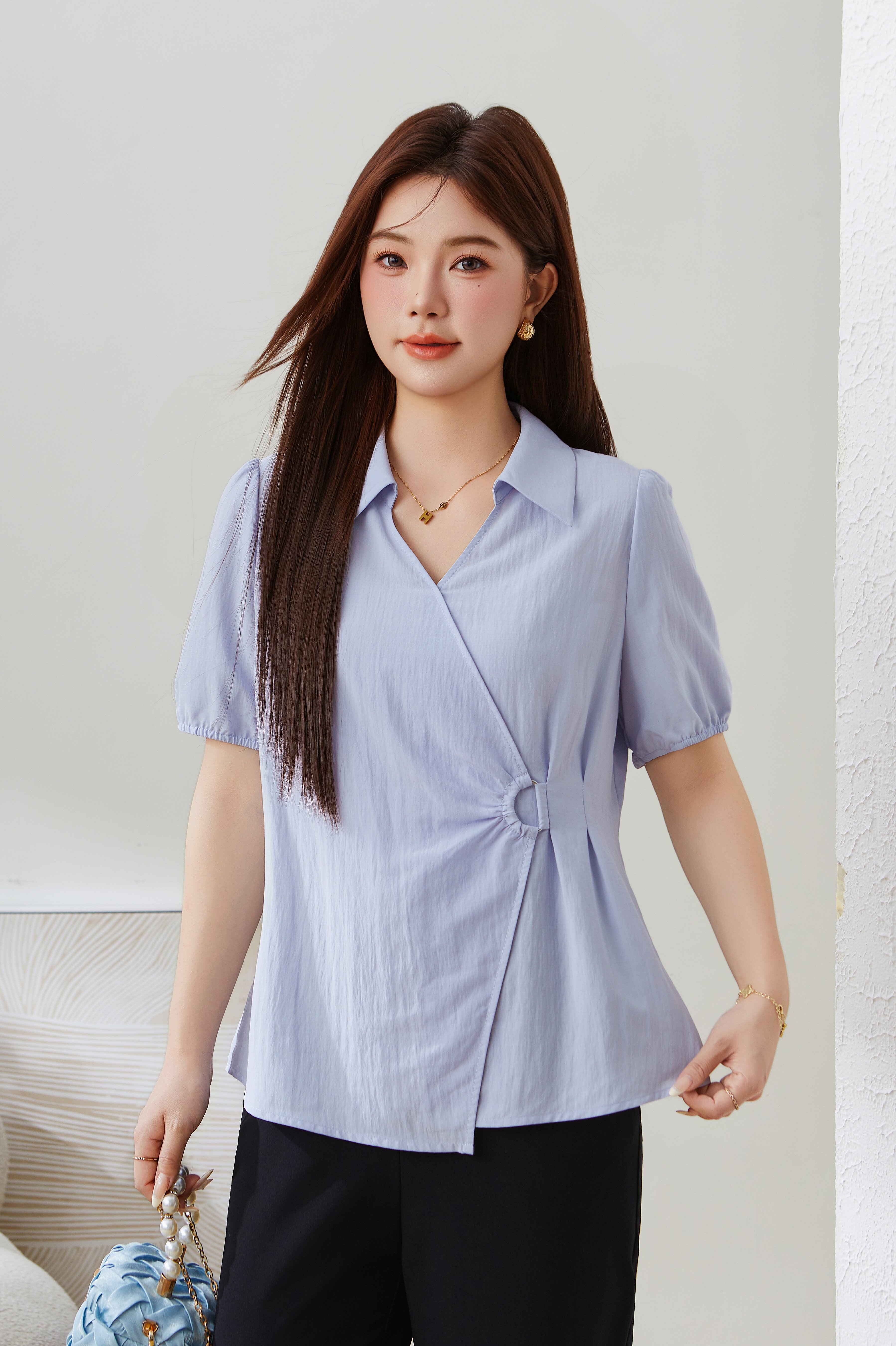 Irregular V-neck Waist-cinching Top EXA5157