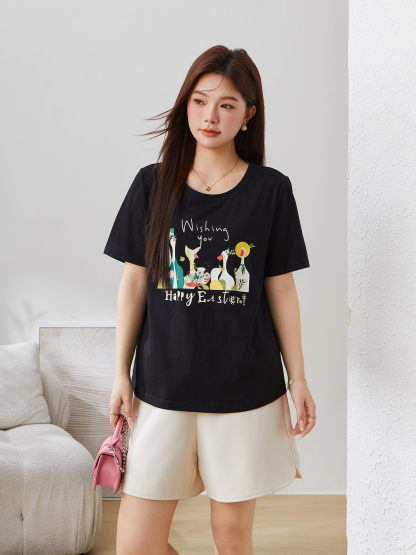 Loose Round Neck Slimming Printed T-Shirt DXZ1279