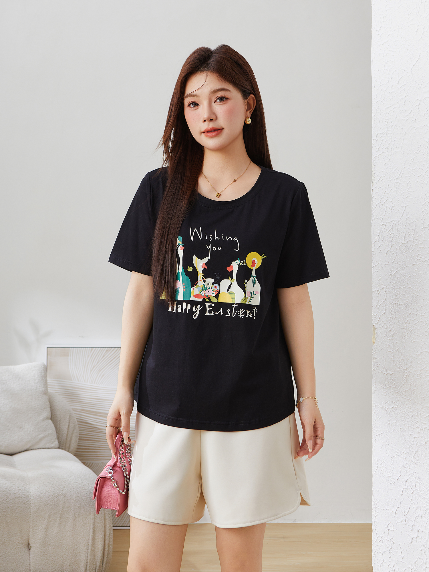 Loose Round Neck Slimming Printed T-Shirt DXZ1279