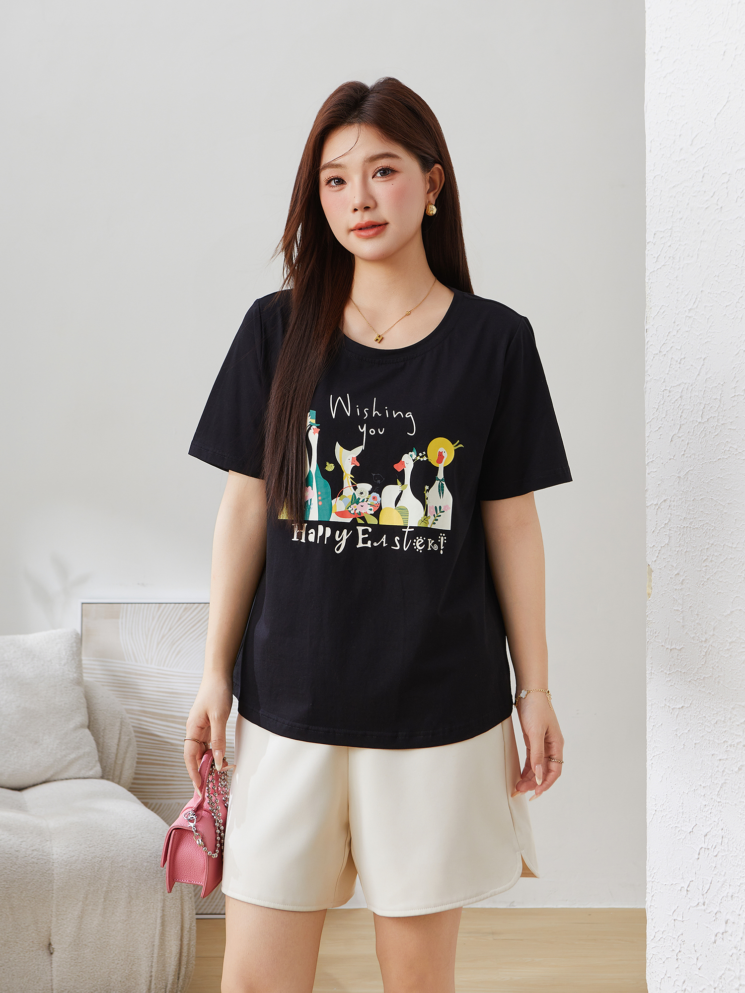 Loose Round Neck Slimming Printed T-Shirt DXZ1279