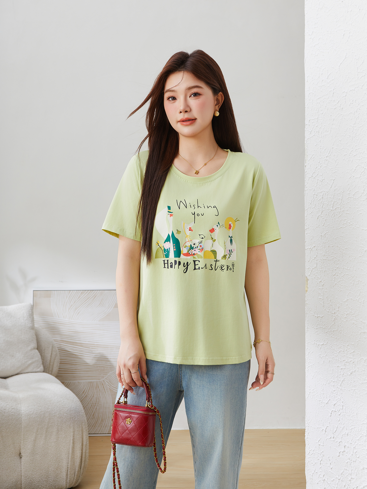 Loose Round Neck Slimming Printed T-Shirt DXZ1279