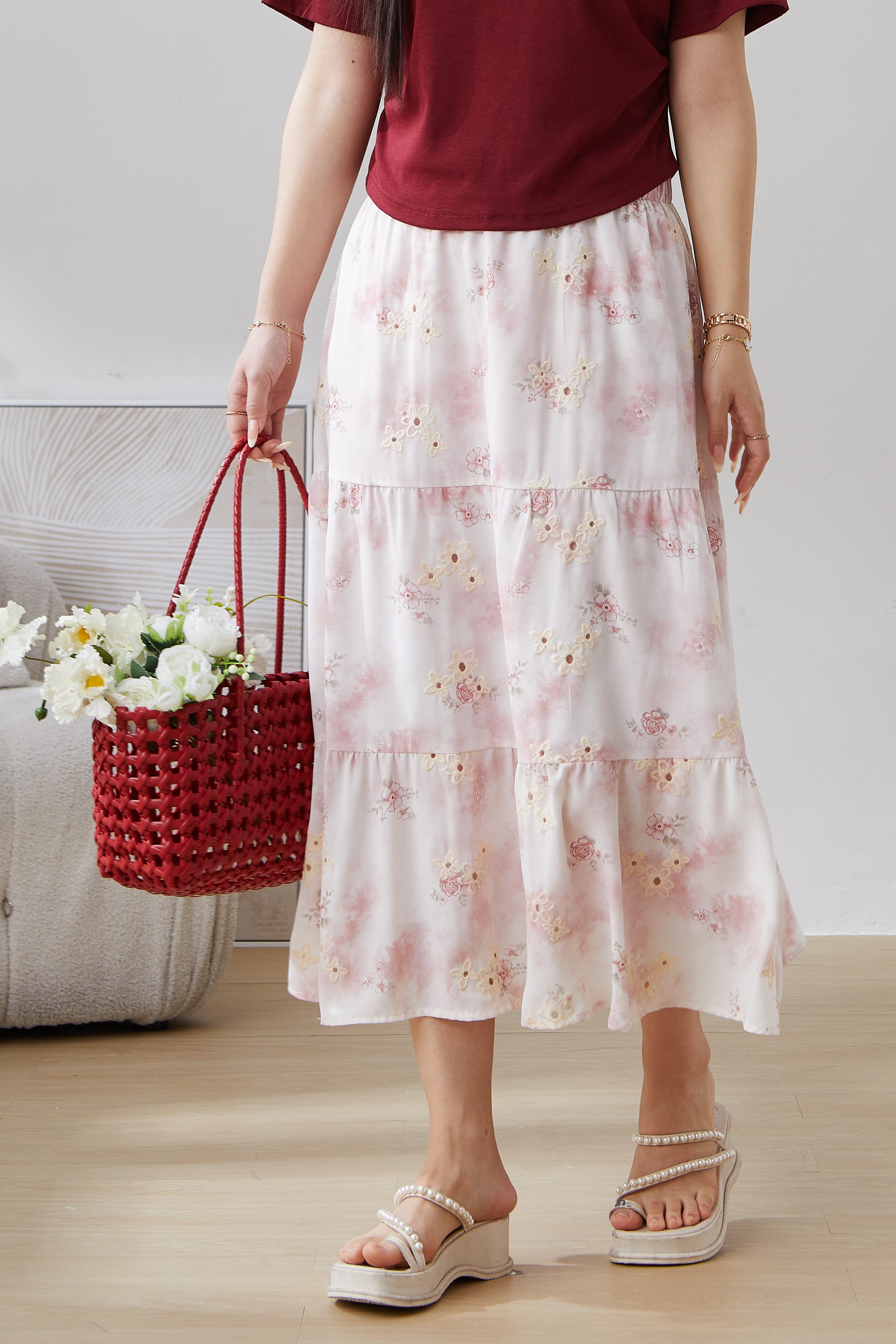 Floral Elastic Waist Skirt Ecbq2395