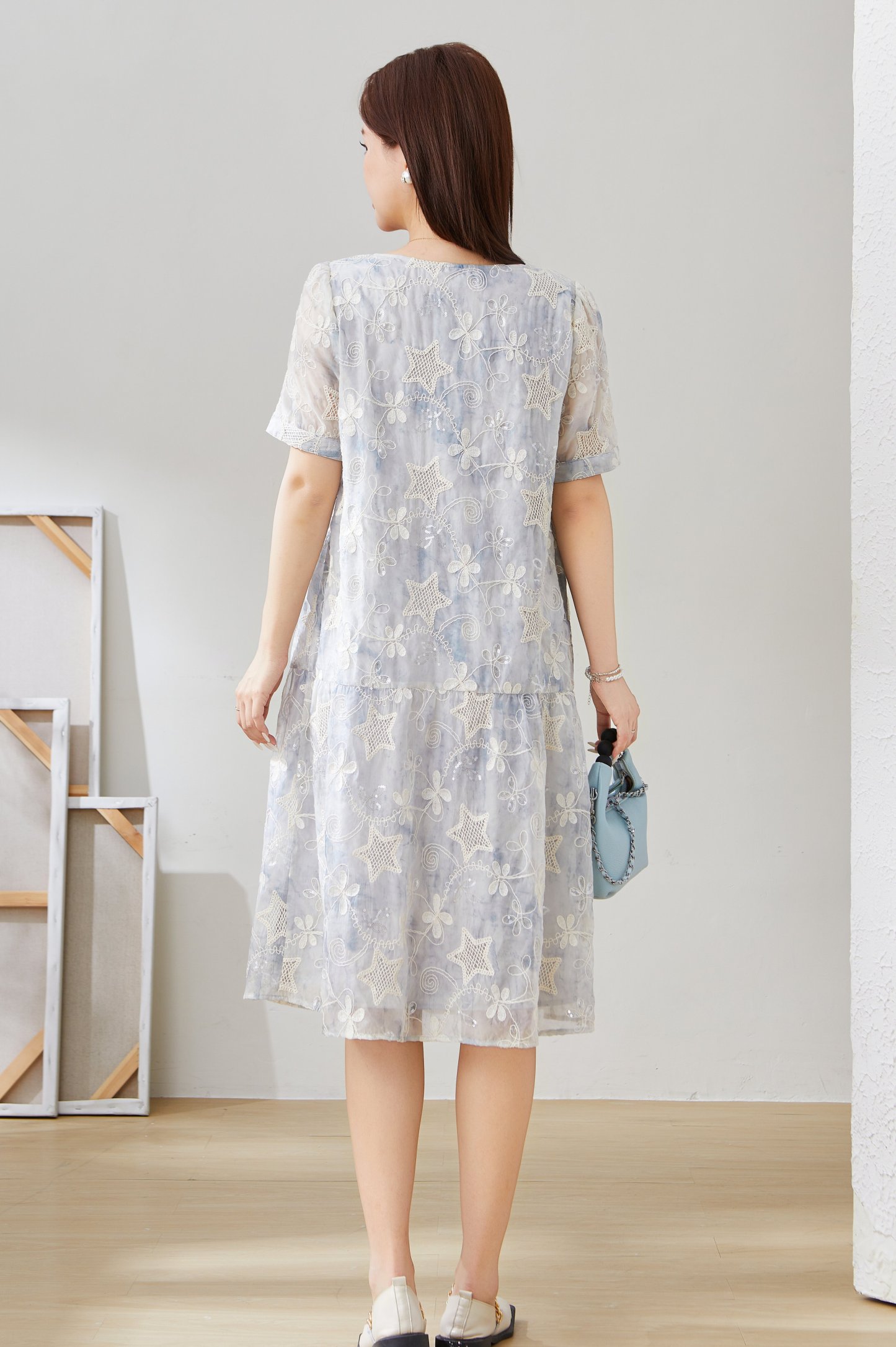 Starry Sky Hollow Embroidered Lace-up Dress EXQ5552