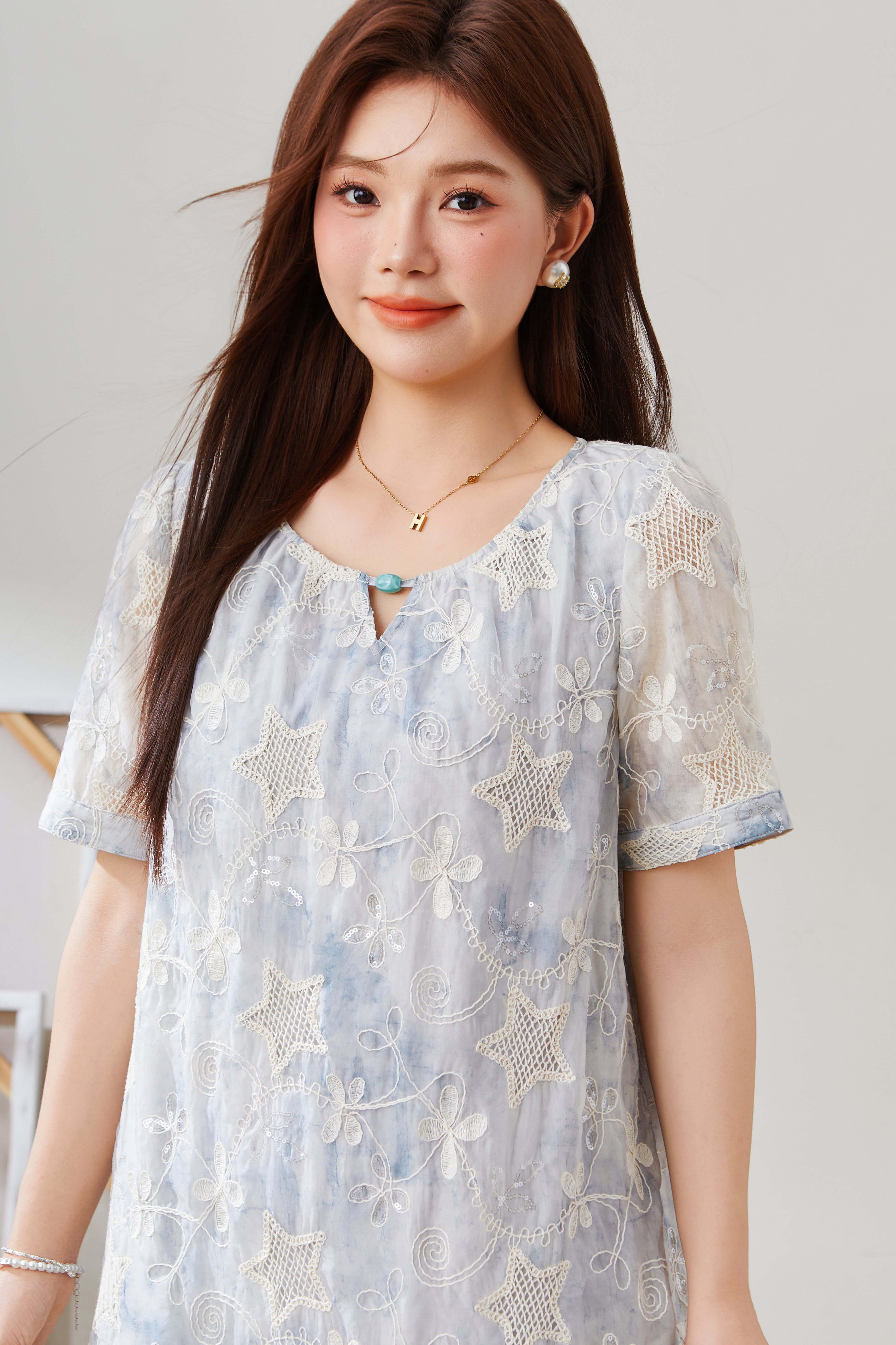 Starry Sky Hollow Embroidered Lace-up Dress EXQ5552