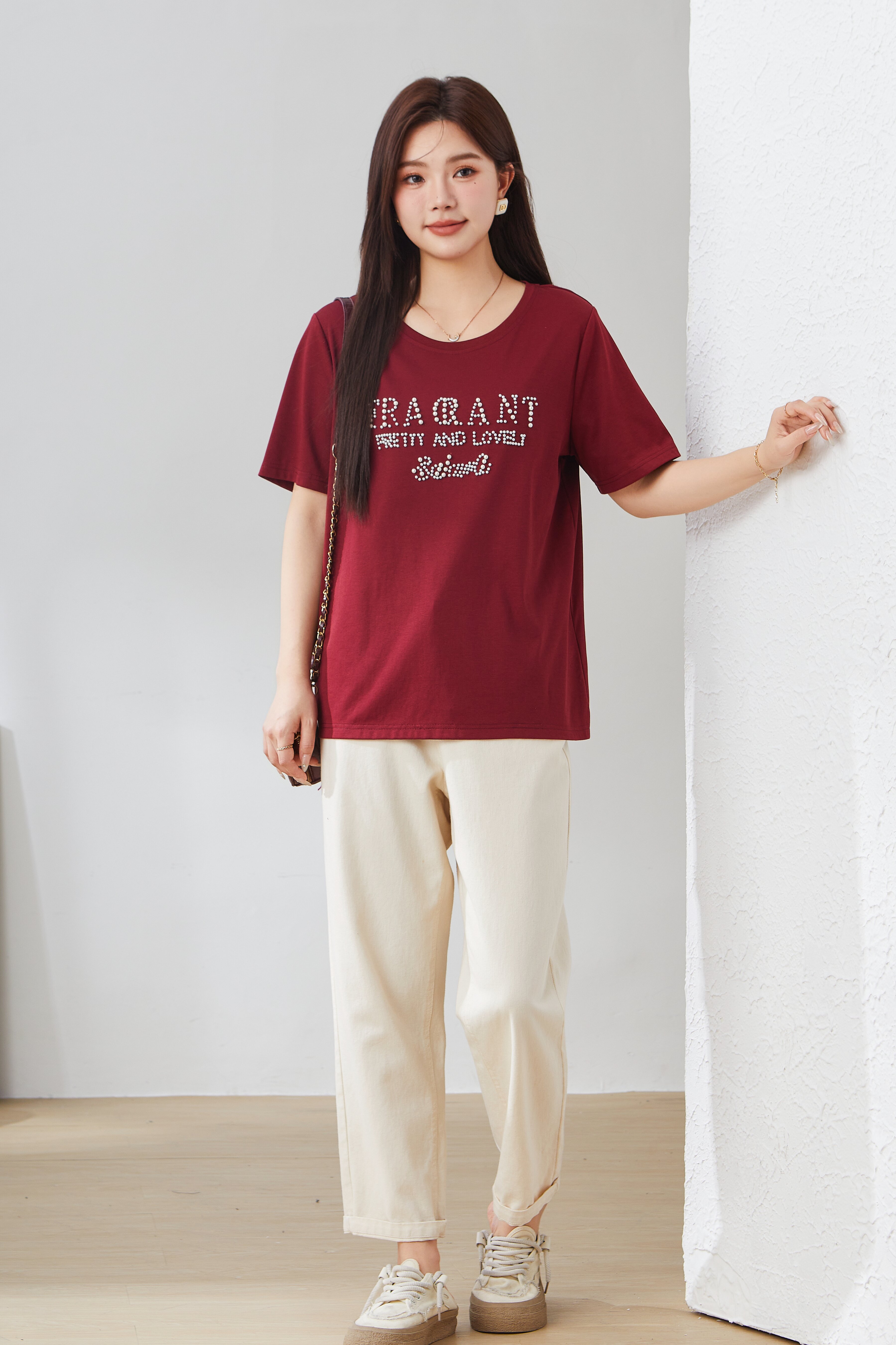 Beaded Casual Versatile T-Shirt EXZ3057