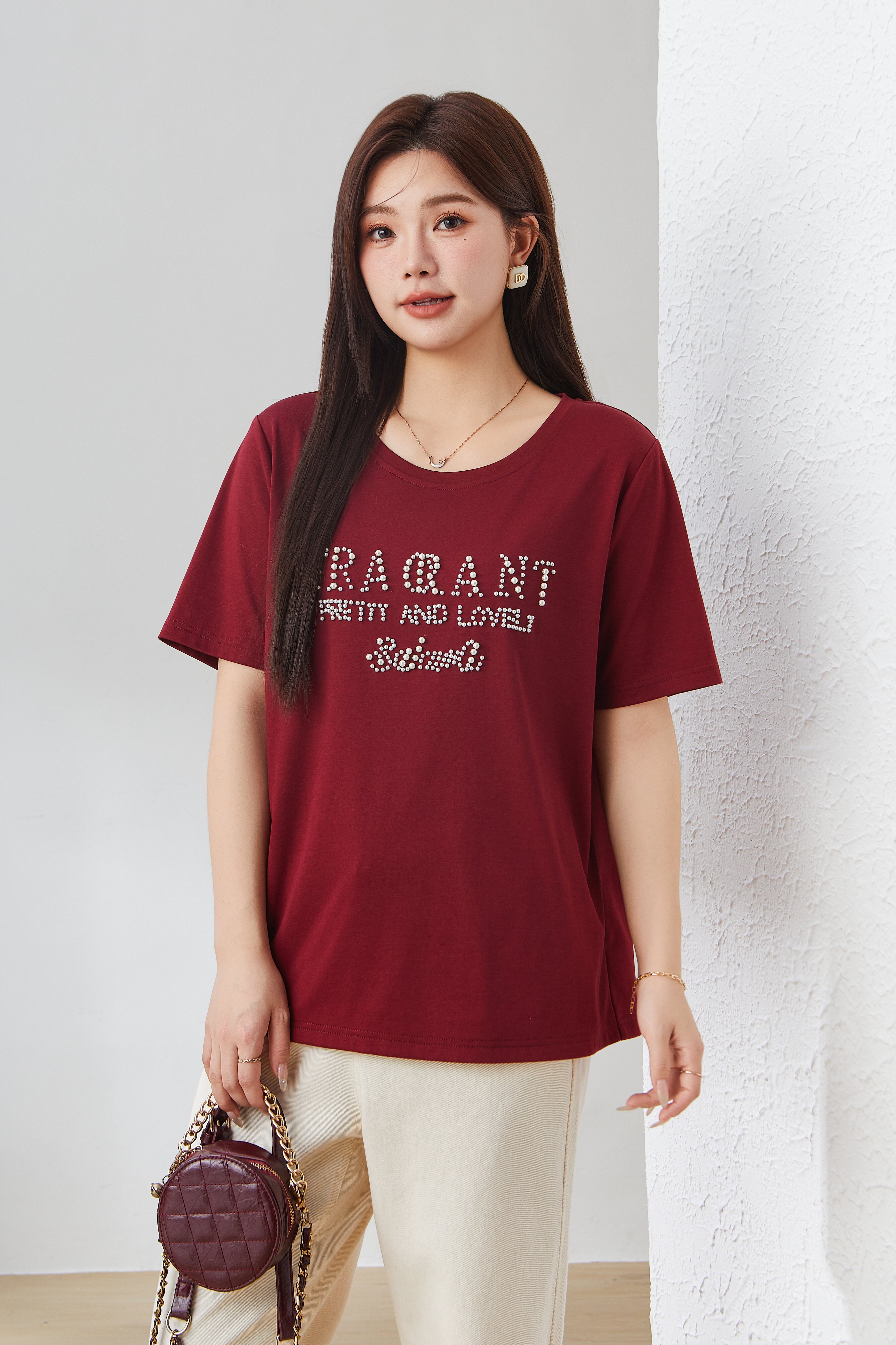 Beaded Casual Versatile T-Shirt EXZ3057