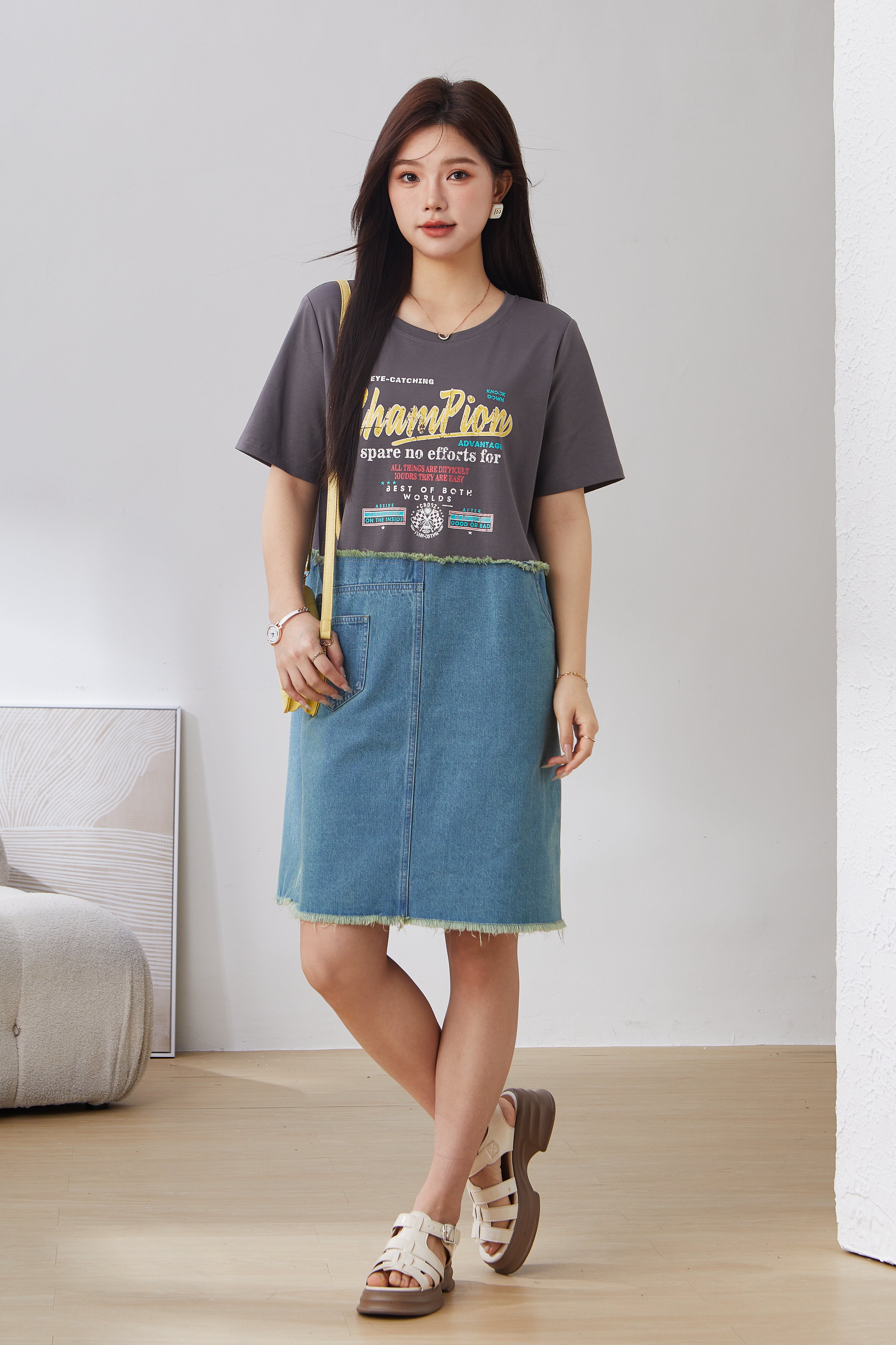 Denim Style Printed Dress EXQ5027