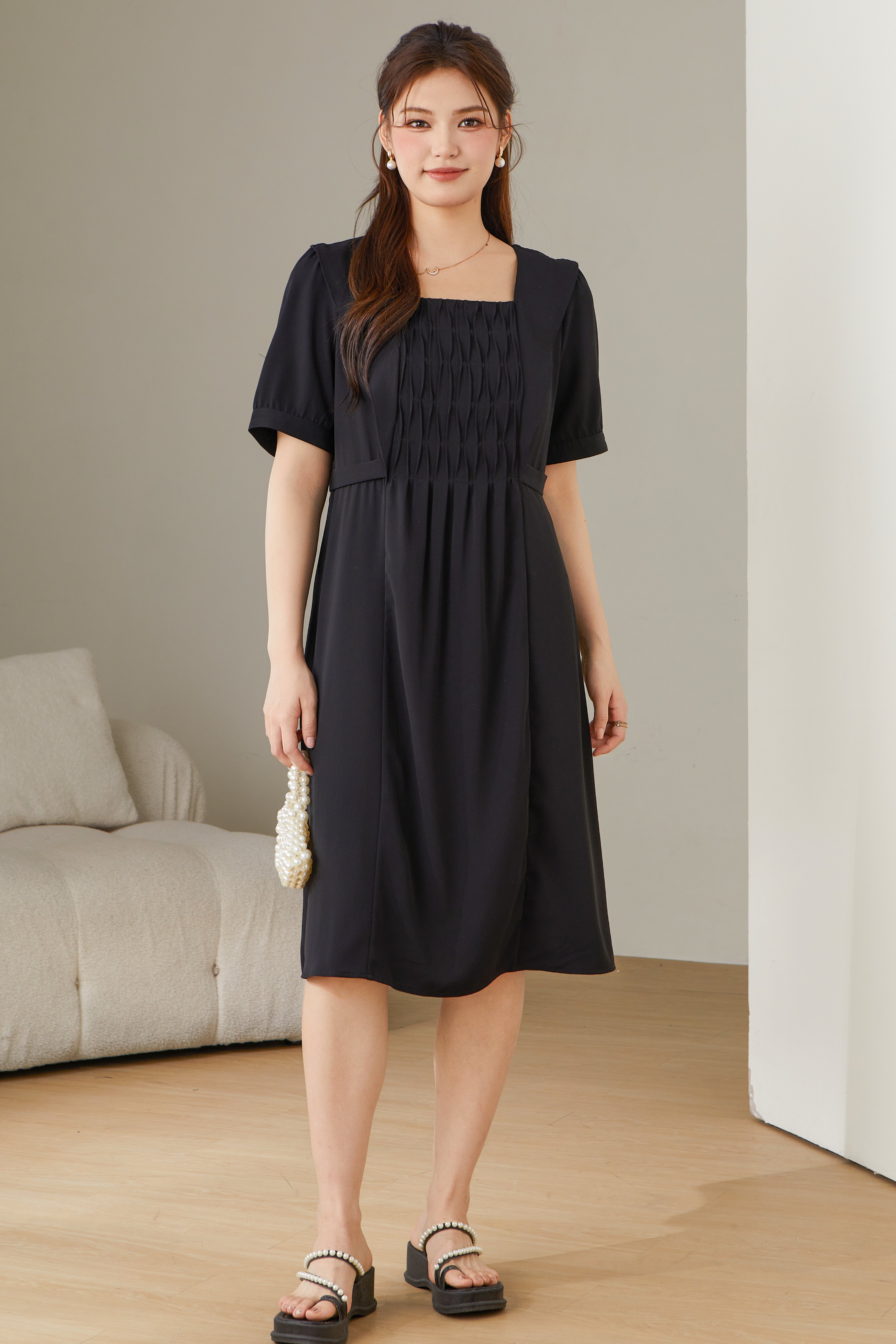 Square Neck Pleated Dress DXQ0756