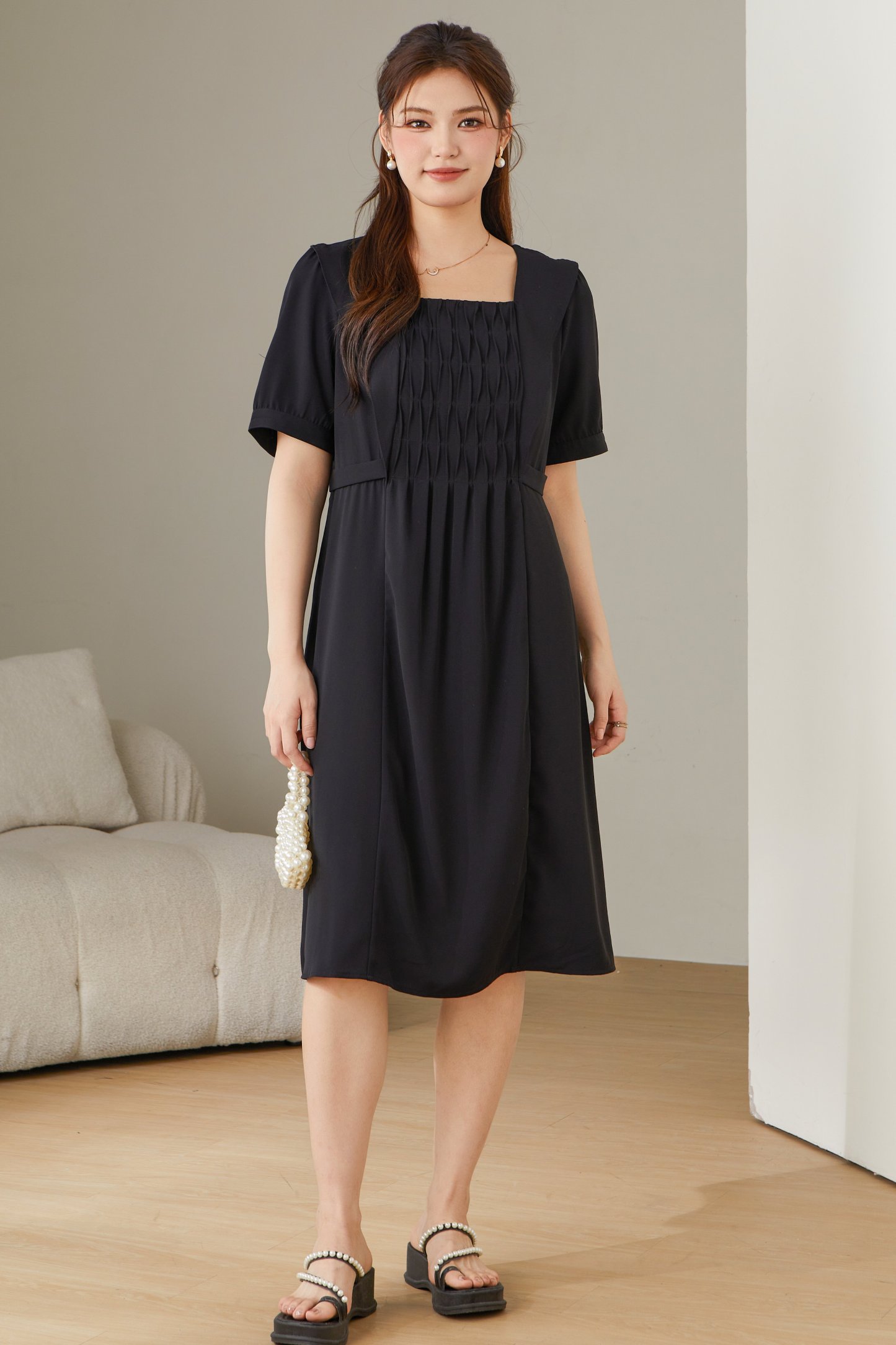 Square Neck Pleated Dress DXQ0756