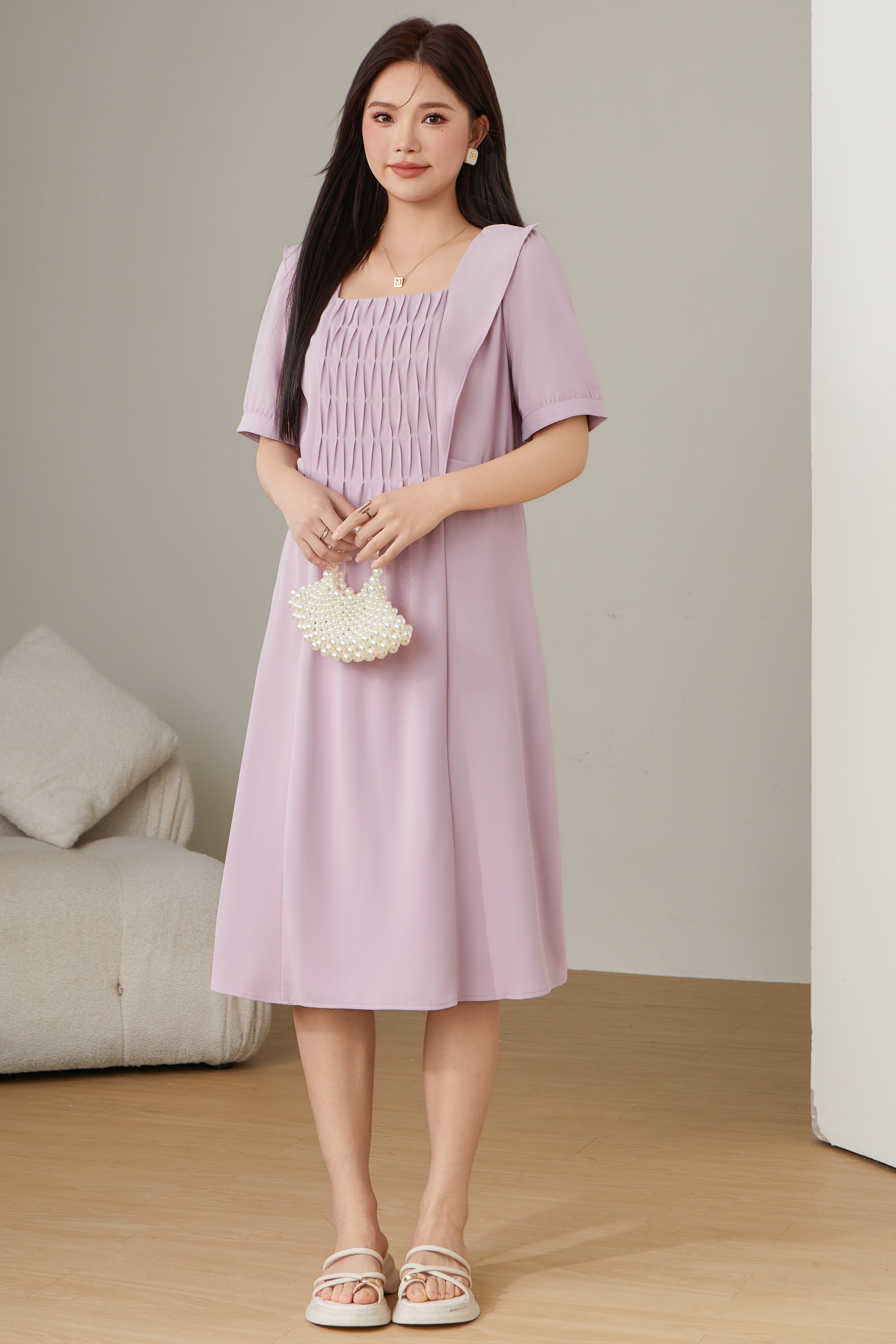 Square Neck Pleated Dress DXQ0756