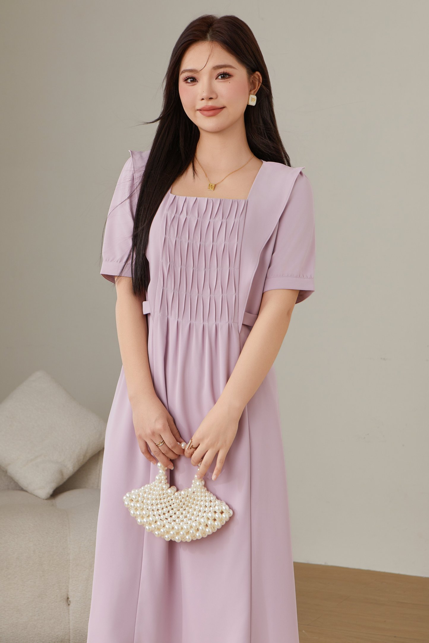 Square Neck Pleated Dress DXQ0756