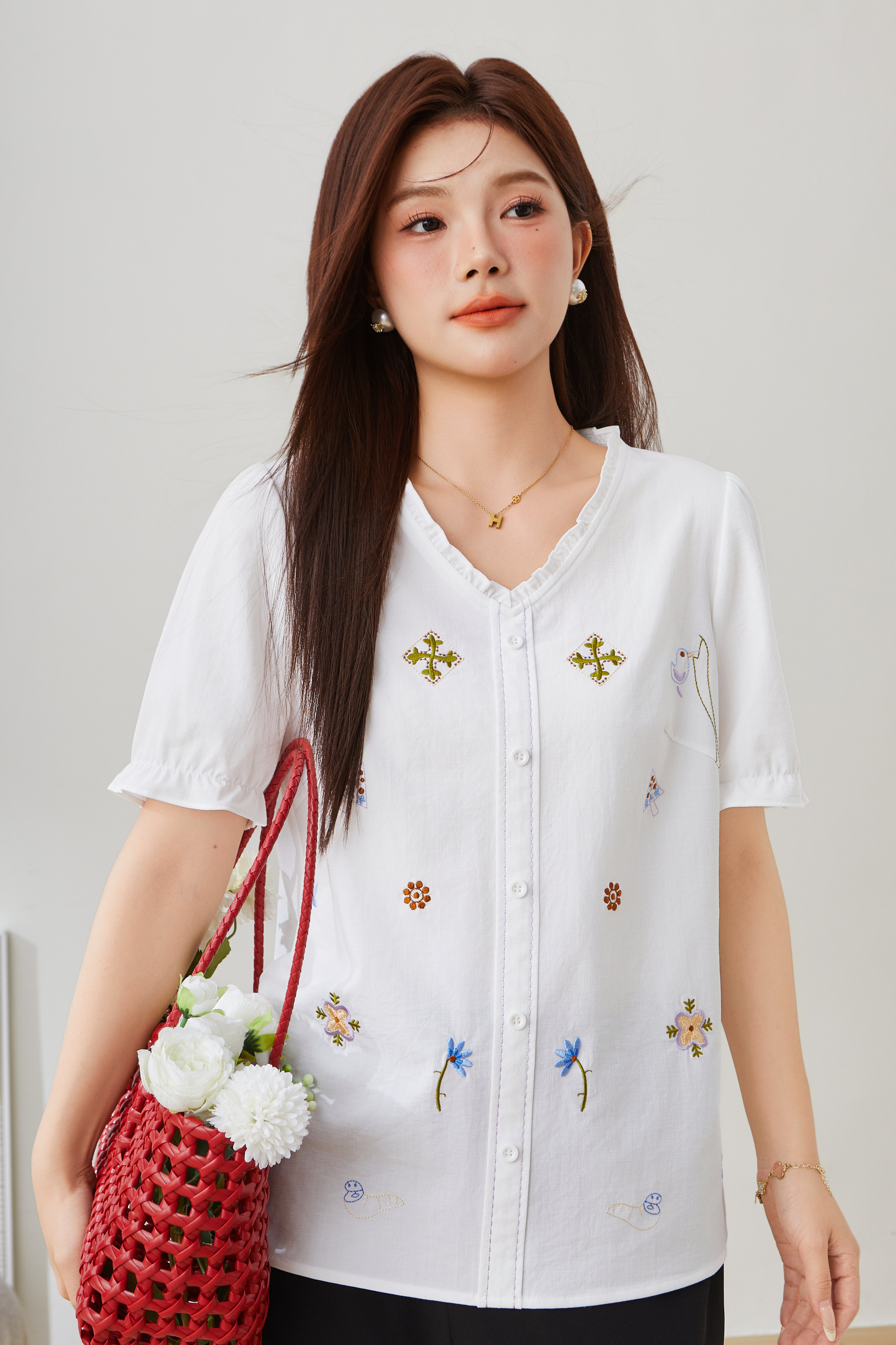 Colorful Embroidered Heavy Craft Top with Ruffled Edges EXA5398