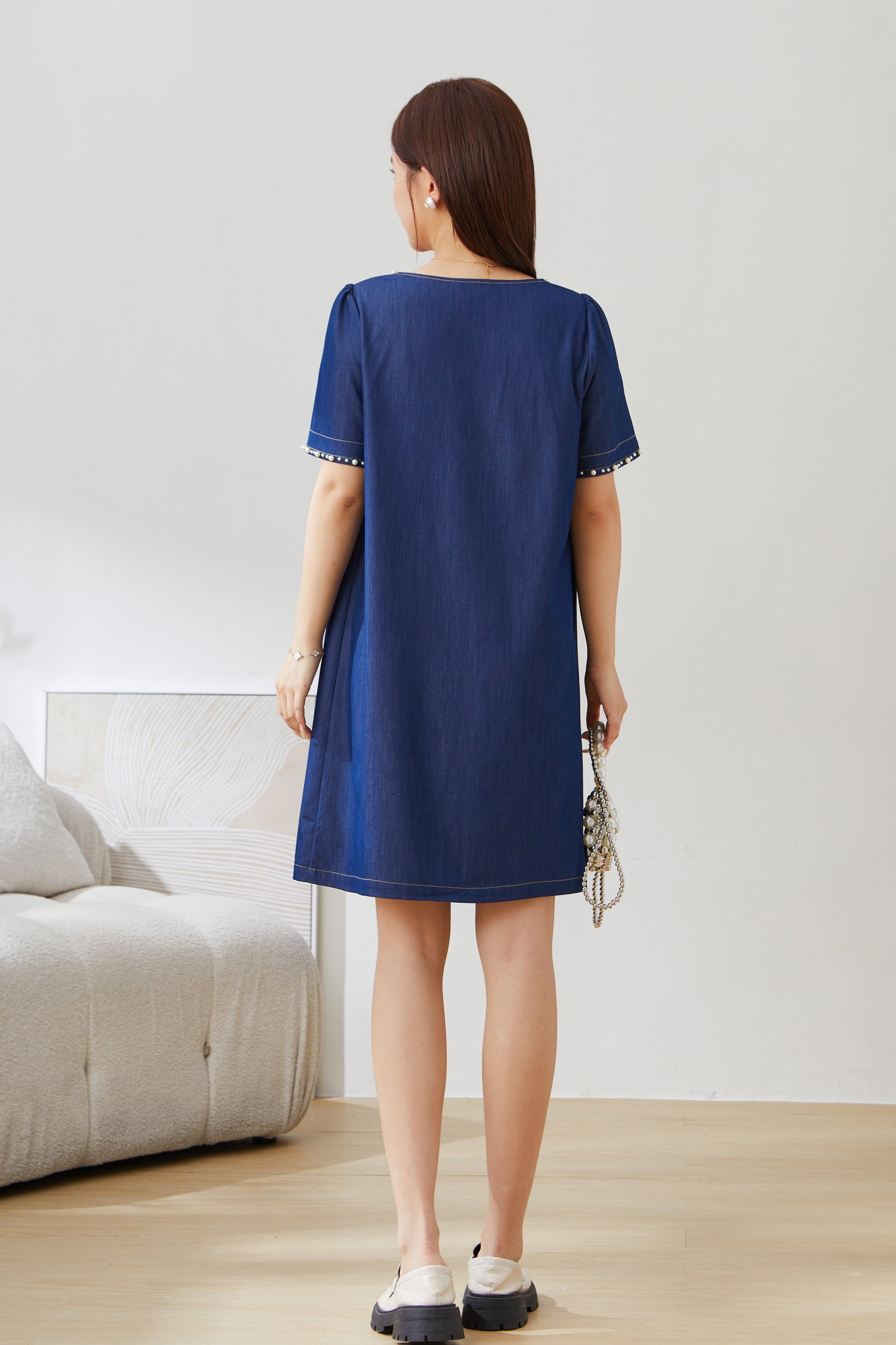 V-neck Heavy Beaded Faux Denim Dress EXQ5381