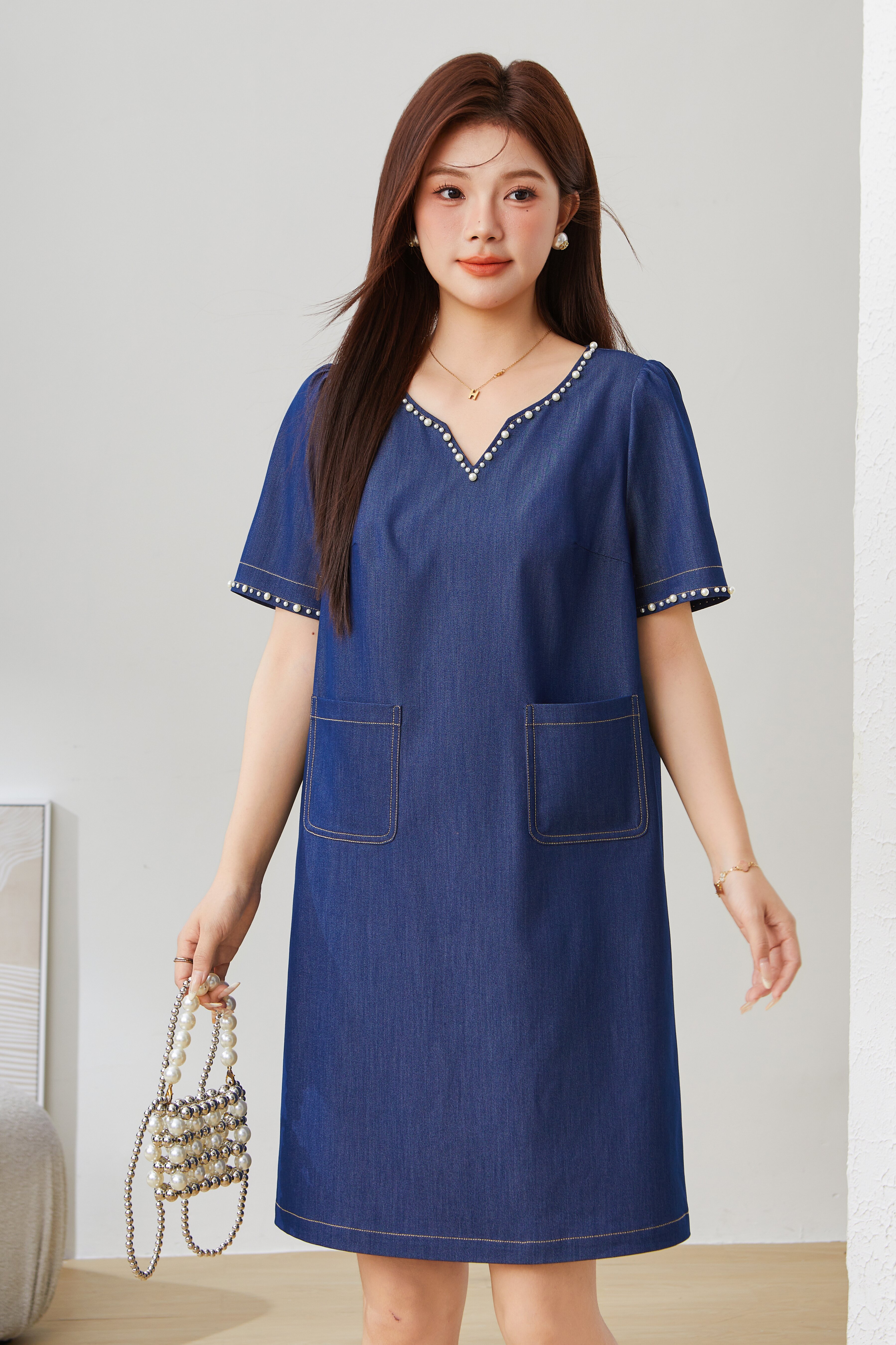 V-neck Heavy Beaded Faux Denim Dress EXQ5381