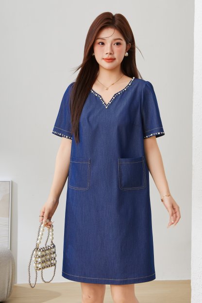 V-neck Heavy Beaded Faux Denim Dress EXQ5381