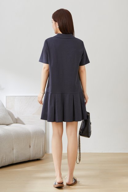 POLO Collar Pleated Skirt Knitted Dress EXQ5395