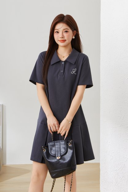 POLO Collar Pleated Skirt Knitted Dress EXQ5395