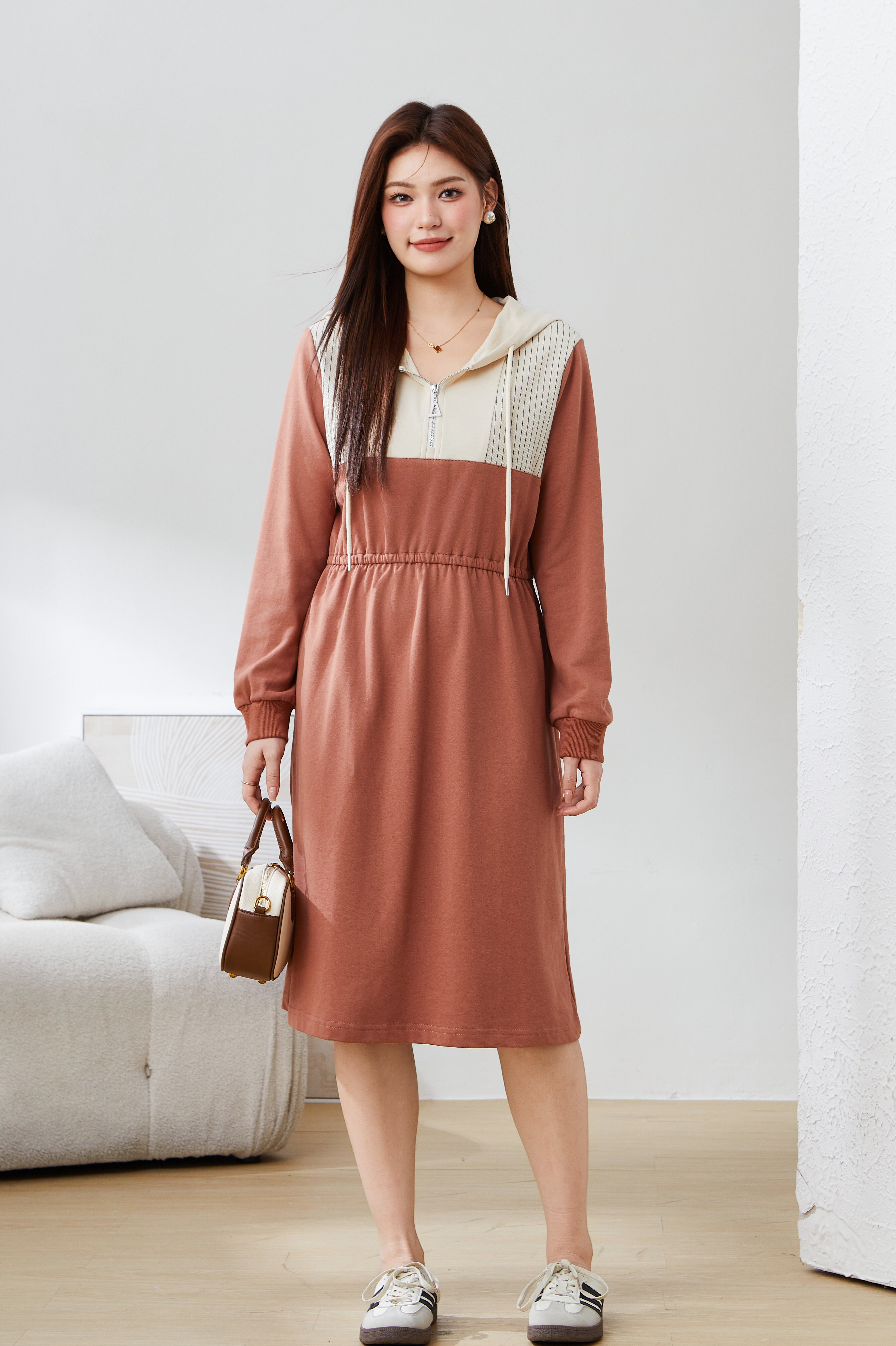 Hooded Knitted Belly Covering Dress CDQ0683N