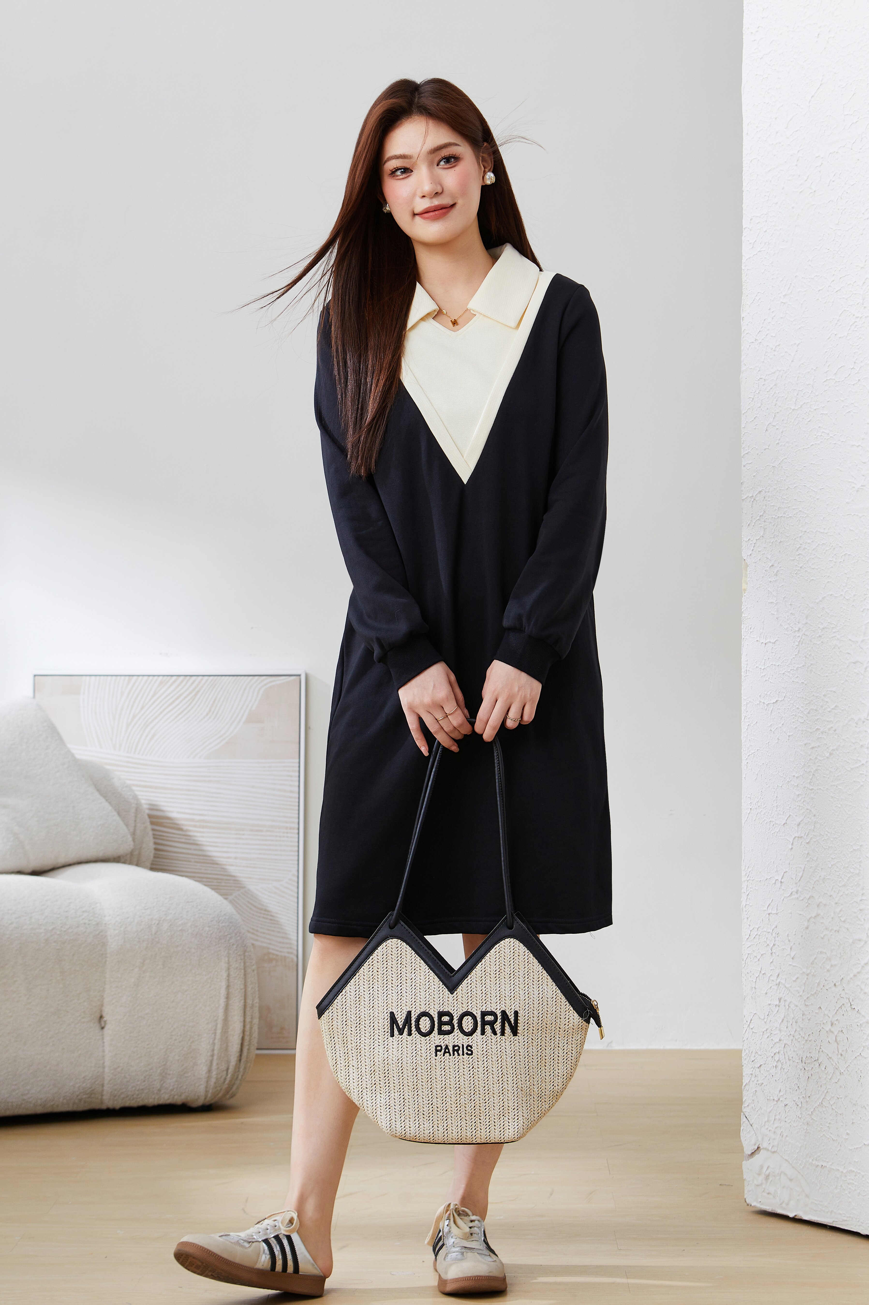 Contrast Color patchwork V Neck Dress CDQ0680