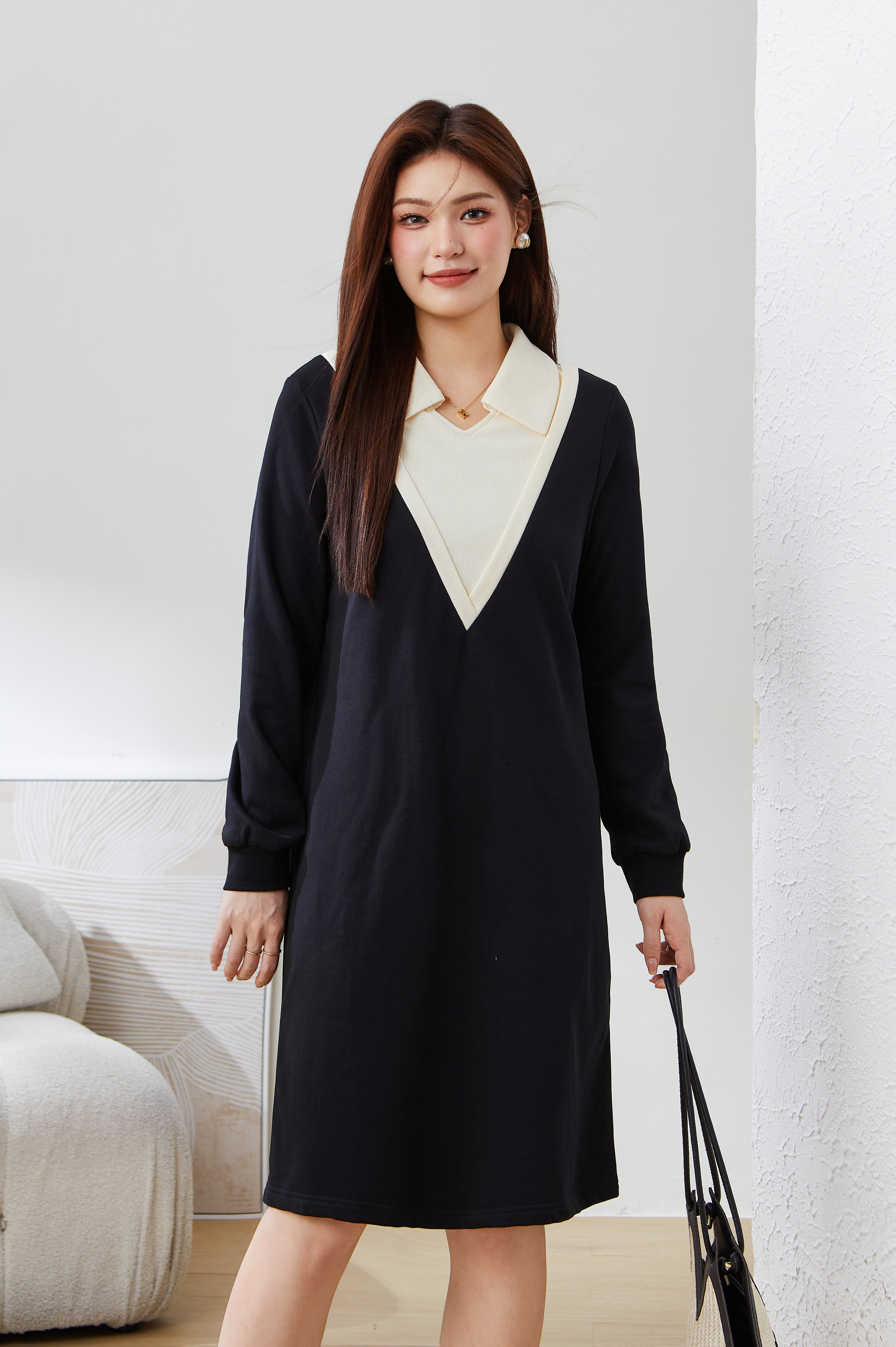 Contrast Color patchwork V Neck Dress CDQ0680