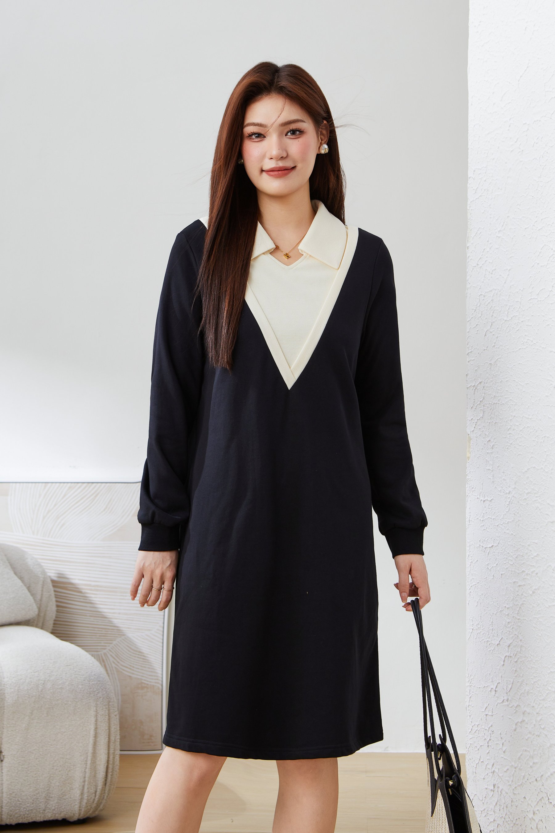 Contrast Color patchwork V Neck Dress CDQ0680