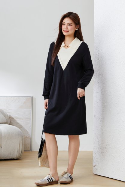 Contrast Color patchwork V Neck Dress CDQ0680