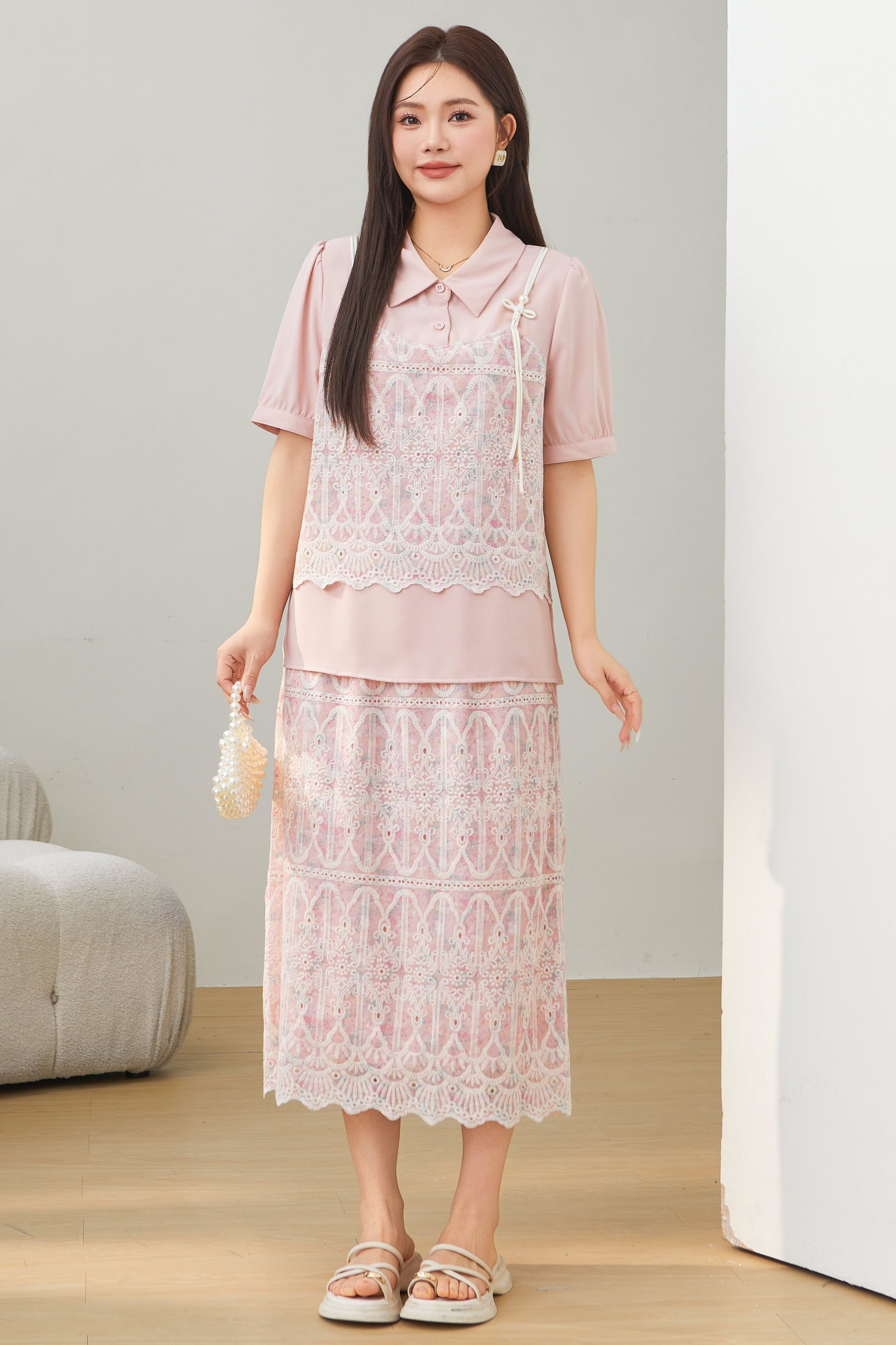 Lace Crochet Fake Two-Piece Shirt DXA1610