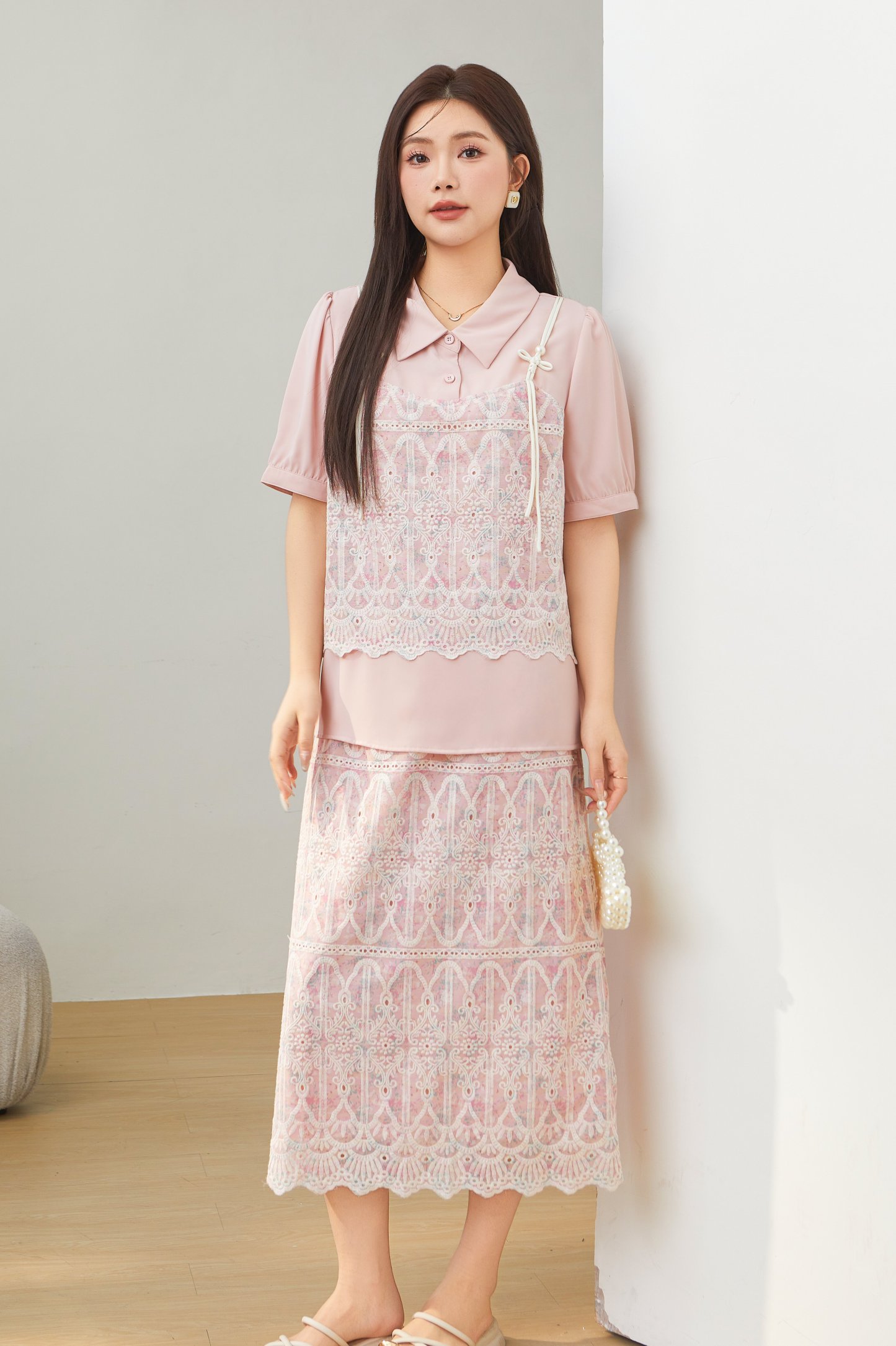 Lace Crochet Fake Two-Piece Shirt DXA1610