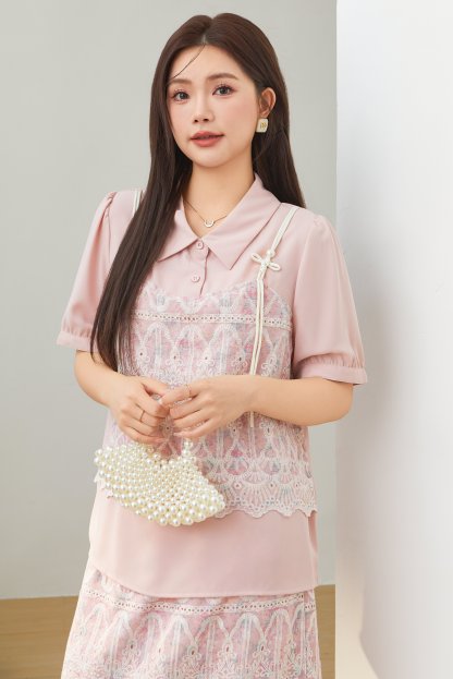 Lace Crochet Fake Two-Piece Shirt DXA1610