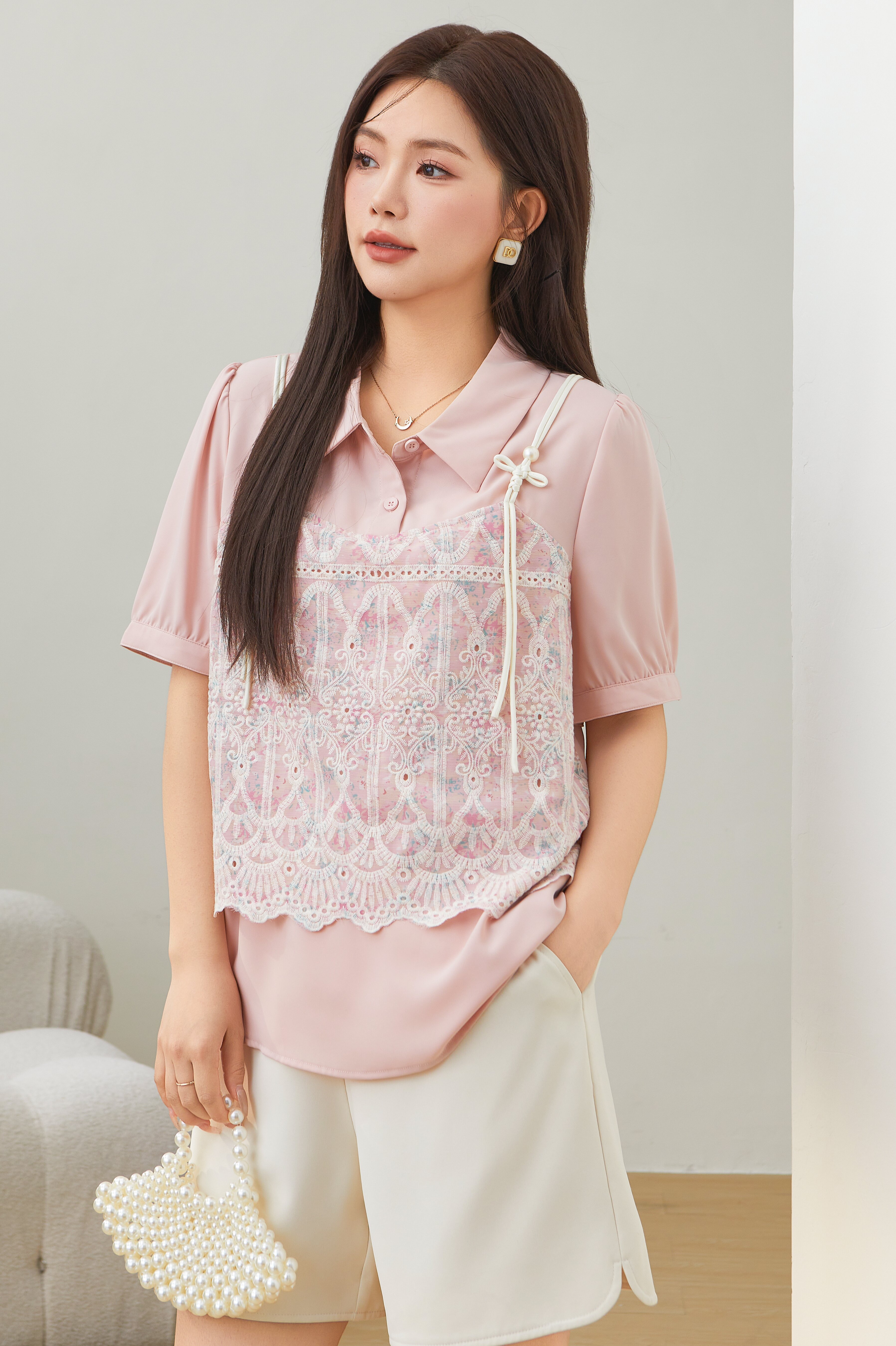 Lace Crochet Fake Two-Piece Shirt DXA1610