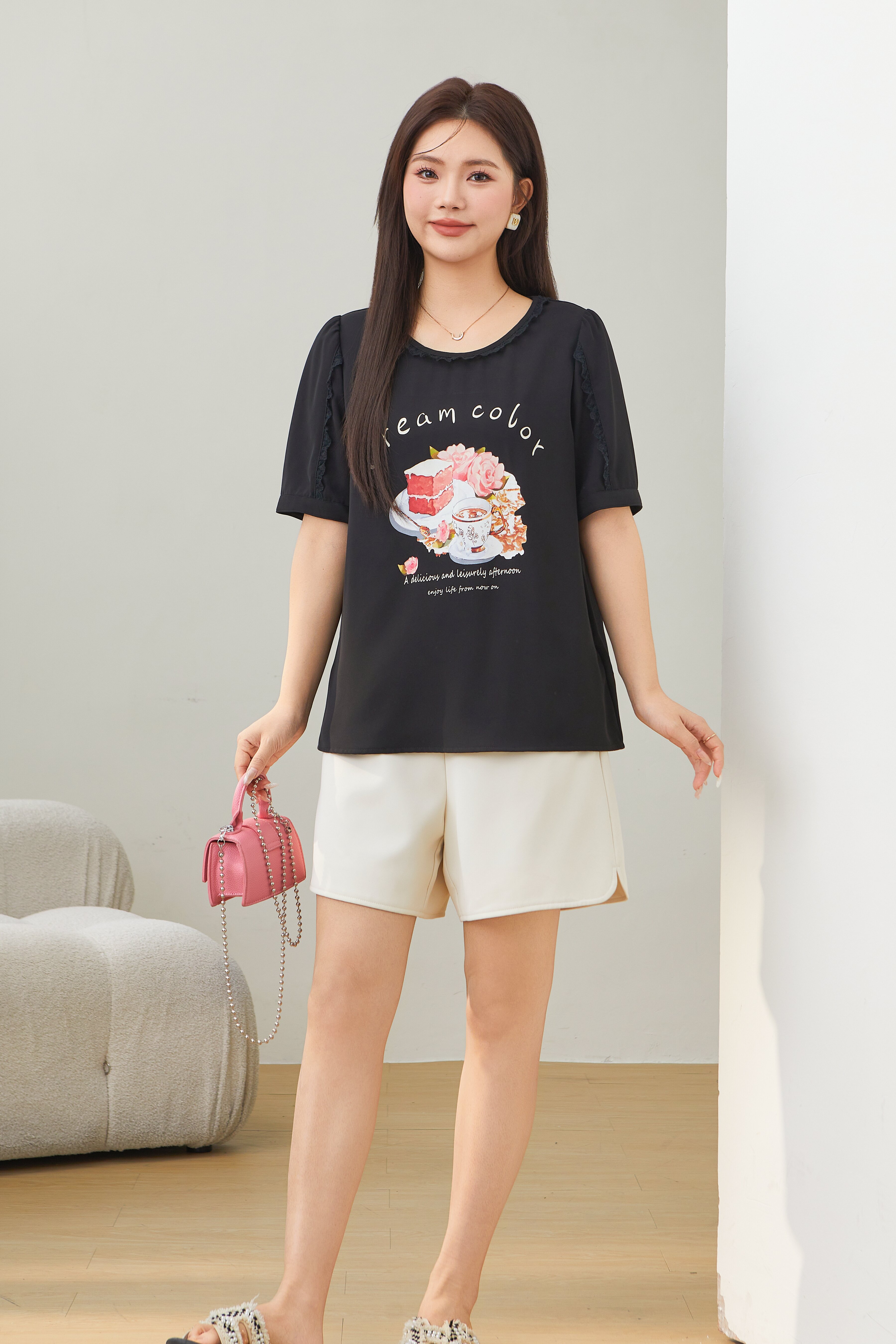 round Neck Stitching Printing T-shirt Top Eca2575